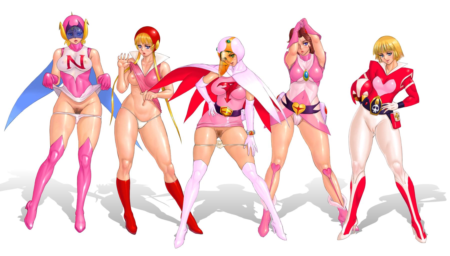 zen and retro, amachi hiromi, jun the swan, kouzuki luna, misaki youko, namba teru, casshern (series), gatchaman, gowappaa 5 godam, hariken polymar, robot hunter casshern, tatsunoko production, uchuu no kishi tekkaman, highres, 1970s (style), 5girls, belt, boots, breasts, cameltoe, cape, cleft of venus, clothes lift, covered erect nipples, crossover, female pubic hair, gloves, helmet, high heel boots, high heels, large breasts, lipstick, makeup, medium breasts, multiple girls, navel, nipples, oldschool, panties, pubic hair, pussy, retro artstyle, shirt lift, skin tight, skirt, skirt lift, thigh boots, thighhighs, thong, uncensored, underwear