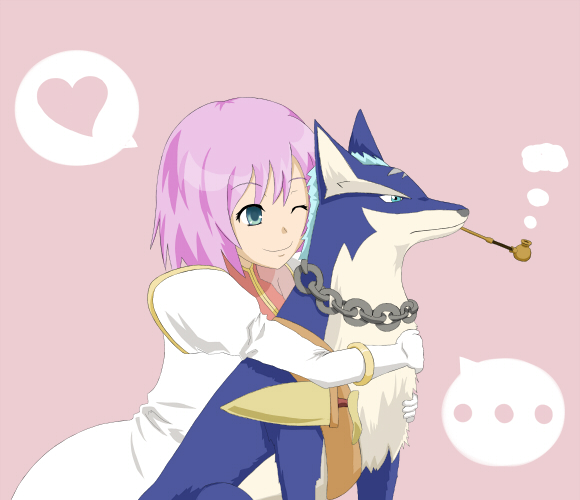 estellise sidos heurassein, repede (tales), tales of (series), tales of vesperia, …, 00s, 1girl, dog, gloves, green eyes, heart, hug, hug from behind, kiseru, pink hair, pipe in mouth, short hair, smile, smoking, smoking pipe, spoken ellipsis, spoken heart