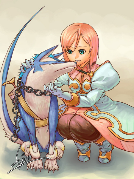 cwind, estellise sidos heurassein, repede (tales), tales of (series), tales of vesperia, resized, 1girl, aqua eyes, chain, dog, dress, gloves, green eyes, headpat, out of character, pants, pink hair, pixiv thumbnail, short hair, smile, smoking, smoking pipe, squatting, yellow background