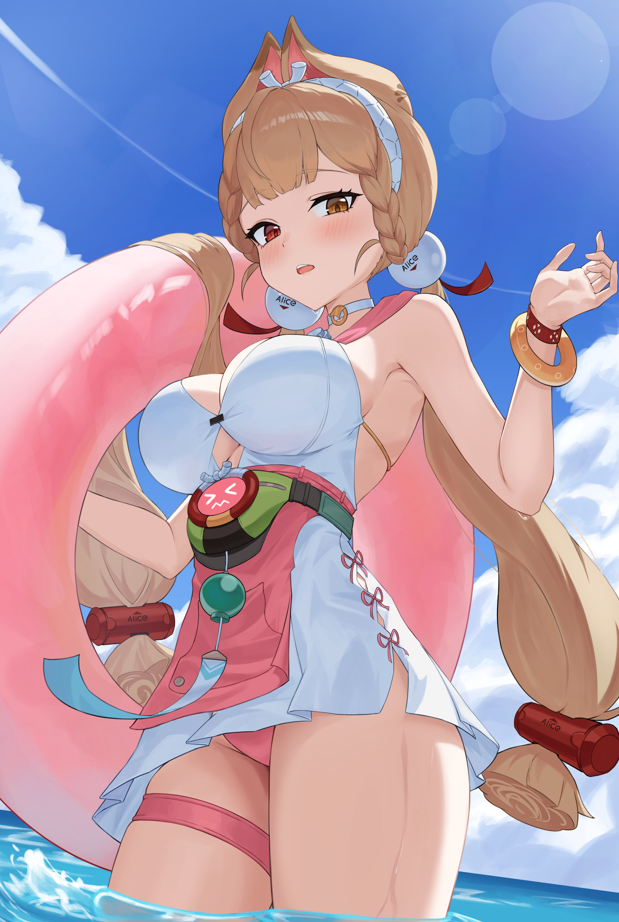 angdo (kakajo26), alice thymefield, alice thymefield (sea of thyme), zenless zone zero, absurdres, commentary, highres, 1girl, animal ears, bare shoulders, bikini, blonde hair, braid, breasts, choker, cleavage, clothing cutout, from below, hair ornament, hairband, heterochromia, innertube, large breasts, lens flare, long hair, looking at viewer, low twintails, official alternate costume, one-piece swimsuit, open mouth, outdoors, pink bikini, rabbit ears, rabbit girl, red eyes, solo, standing, sunlight, swim ring, swimsuit, thigh strap, twintails, underboob cutout, very long hair, wading, water, white choker, white one-piece swimsuit, wristband, yellow eyes