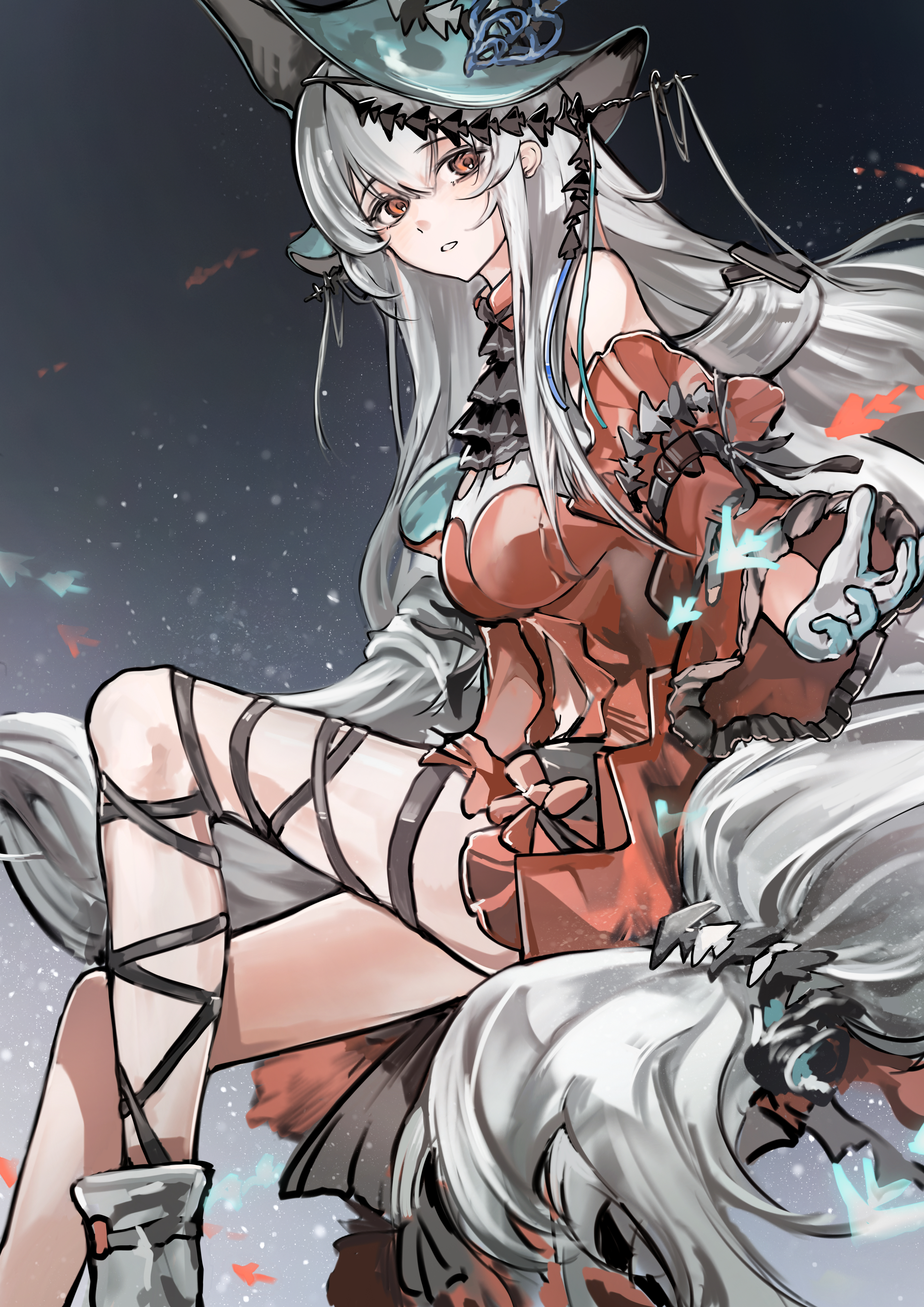 aaaaaash, skadi (arknights), skadi the corrupting heart (arknights), arknights, absurdres, highres, 1girl, angelfish, aqua gloves, aqua hat, ascot, bare shoulders, black ascot, bow, breasts, clothing cutout, detached sleeves, dress, dutch angle, feet out of frame, fish, gloves, gradient background, grey hair, hair between eyes, hair ribbon, hat, leg ribbon, long hair, long sleeves, looking at viewer, low-tied long hair, medium breasts, navel cutout, off-shoulder dress, off shoulder, official alternate costume, parted lips, reaching, reaching towards viewer, red dress, red eyes, red sleeves, ribbon, solo, strap, tropical fish, very long hair