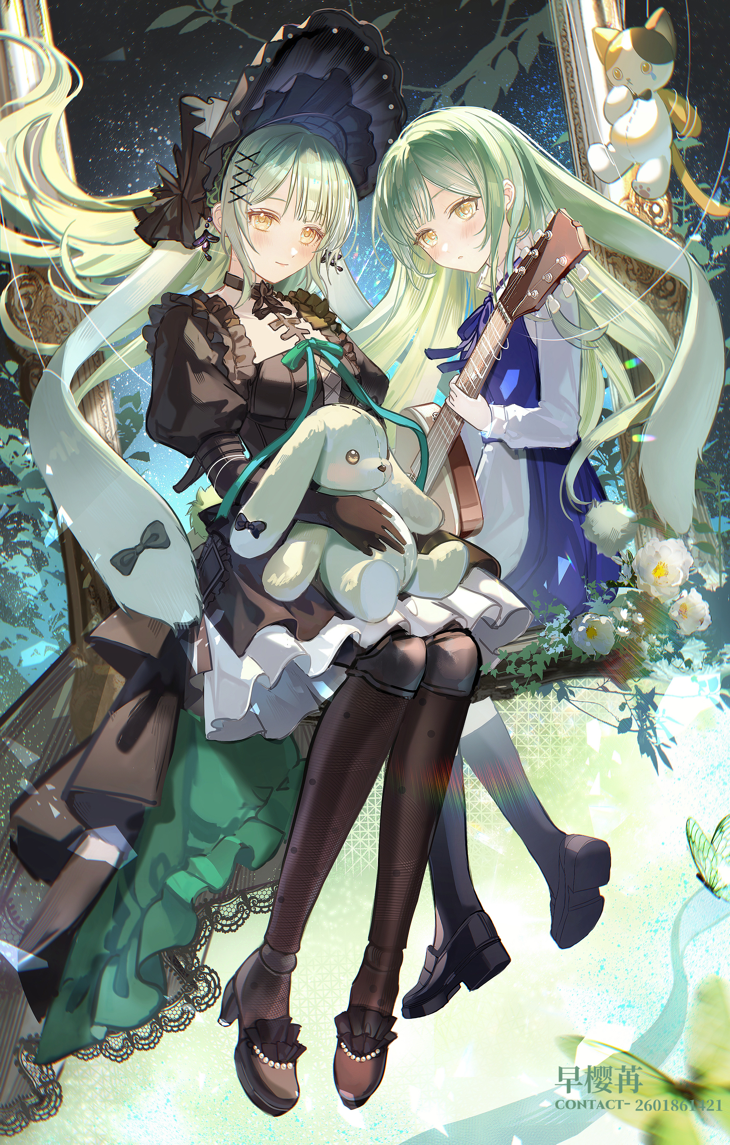 sakura amano, mortis (bang dream!), mortis (persona) (bang dream!), wakaba mutsumi, wakaba mutsumi (marionette's id), arknights, bang dream!, bang dream! it's mygo!!!!!, absurdres, chinese commentary, commentary, highres, 2girls, black dress, black gloves, black shoes, black thighhighs, blush, closed mouth, dress, dual persona, earrings, floating hair, full body, gloves, green hair, guitar, hair ornament, holding, holding guitar, holding instrument, instrument, jewelry, long hair, looking at viewer, mirror, multiple girls, official alternate costume, shoes, smile, stuffed animal, stuffed cat, stuffed rabbit, stuffed toy, thighhighs, x hair ornament, yellow eyes