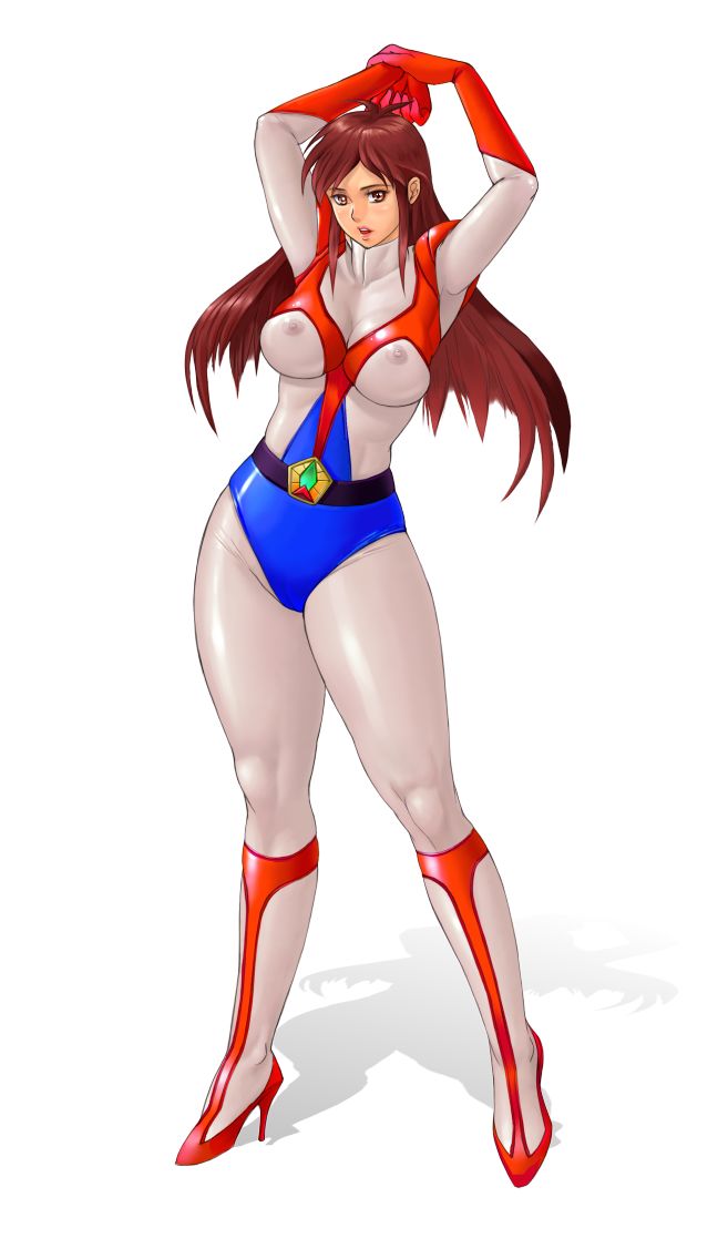 zen and retro, fujiyama midori, daikuu maryuu gaiking, gaiking, toei company, 1970s (style), 1girl, belt, bodysuit, breasts, brown hair, covered erect nipples, female focus, high heels, large breasts, oldschool, retro artstyle, see-through clothes, shoes, skin tight, solo