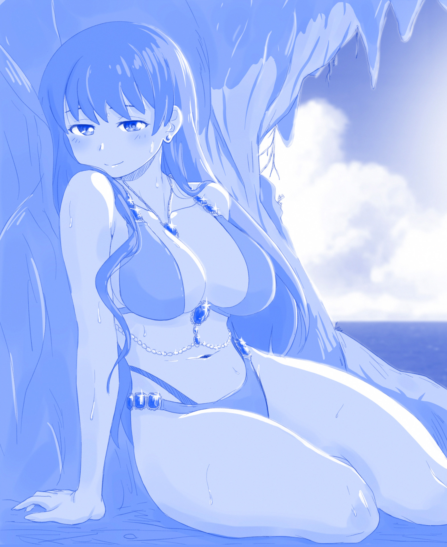 viperxtr, arato nagi, ruri no houseki, bad link, highres, 1girl, bikini, blue theme, blush, breasts, cleavage, closed mouth, cloud, ear piercing, earrings, gem, glint, horizon, jewelry, large breasts, long hair, looking at viewer, monochrome, navel, ocean, outdoors, piercing, sitting, smile, stud earrings, swimsuit, wet