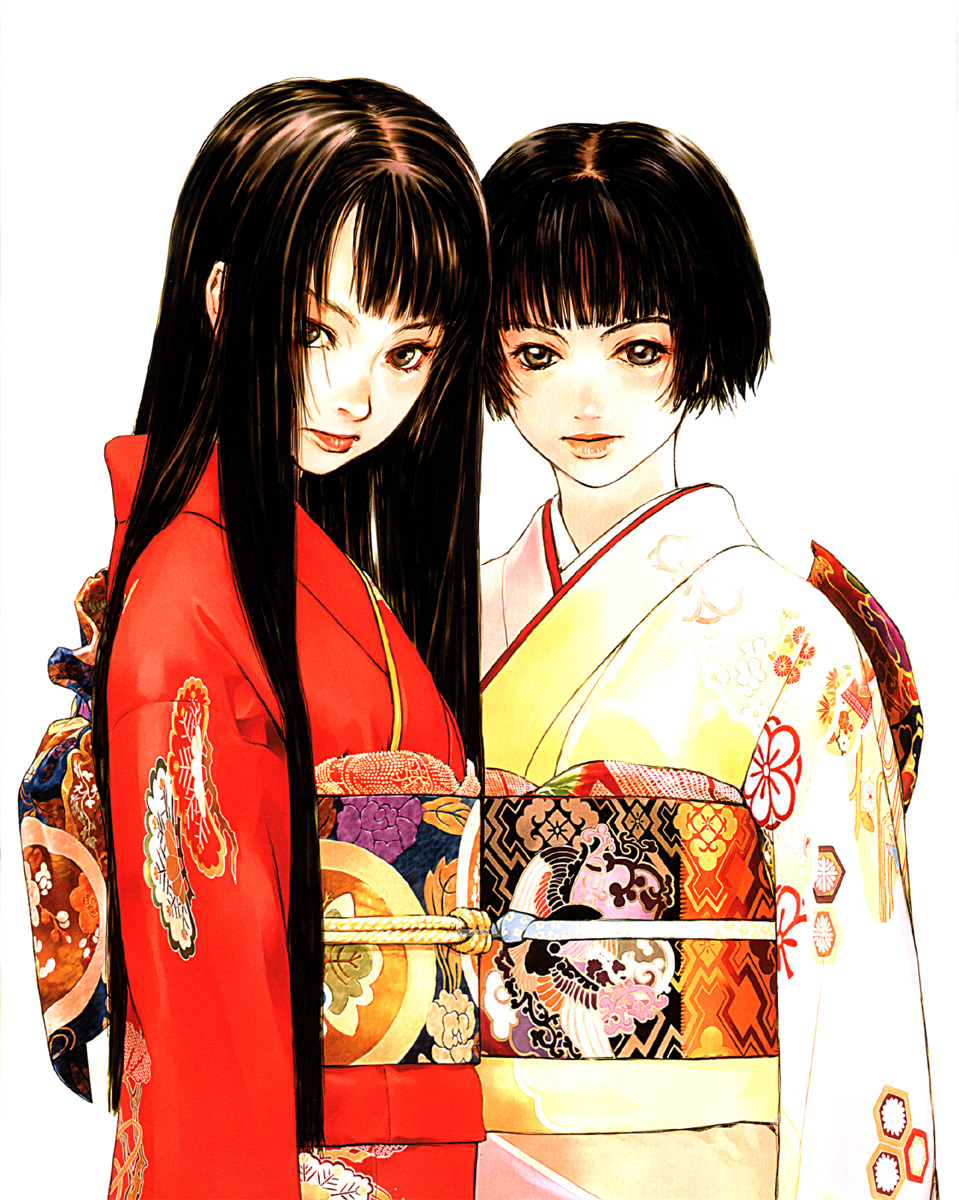 okazaki takeshi, original, highres, 2girls, black hair, brown hair, japanese clothes, kimono, long hair, multiple girls, obi, sash, short hair, takeshi okazaki