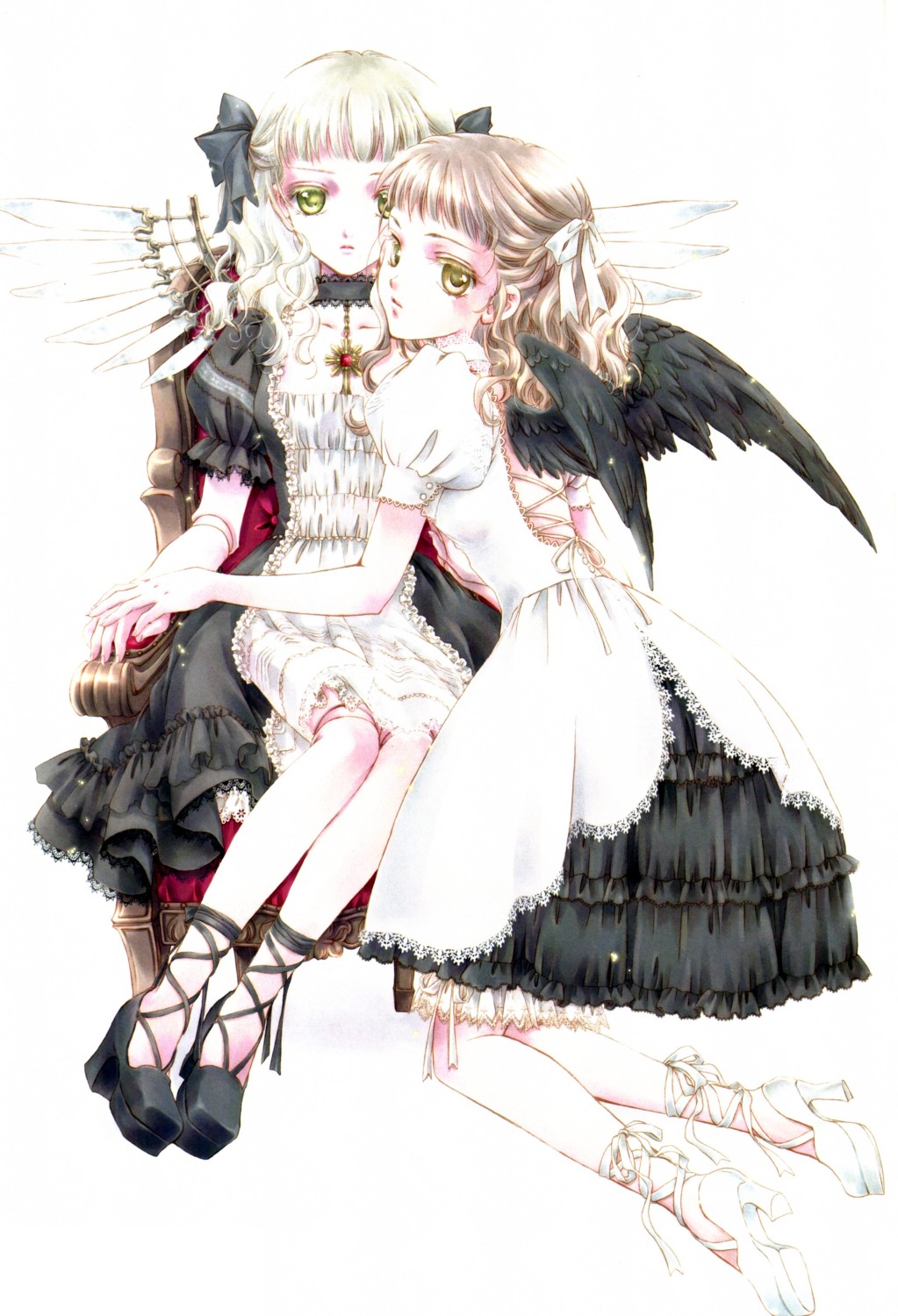 minakami kaori, silver hair, highres, non-web source, 2girls, black wings, blonde hair, brown hair, chair, doll joints, dress, frills, gothic lolita, hair ribbon, high heels, joints, lolita fashion, multiple girls, ribbon, shoes, skirt, wings, yellow eyes, yuri
