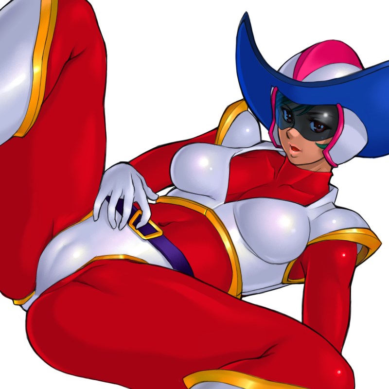 zen and retro, honoo jun, great mazinger, mazinger (series), toei company, pilot suit, visor, 1970s (style), belt, cleft of venus, dark skin, fat mons, helmet, latex, lipstick, makeup, oldschool, retro artstyle, shiny clothes, simple background, skin tight, solo