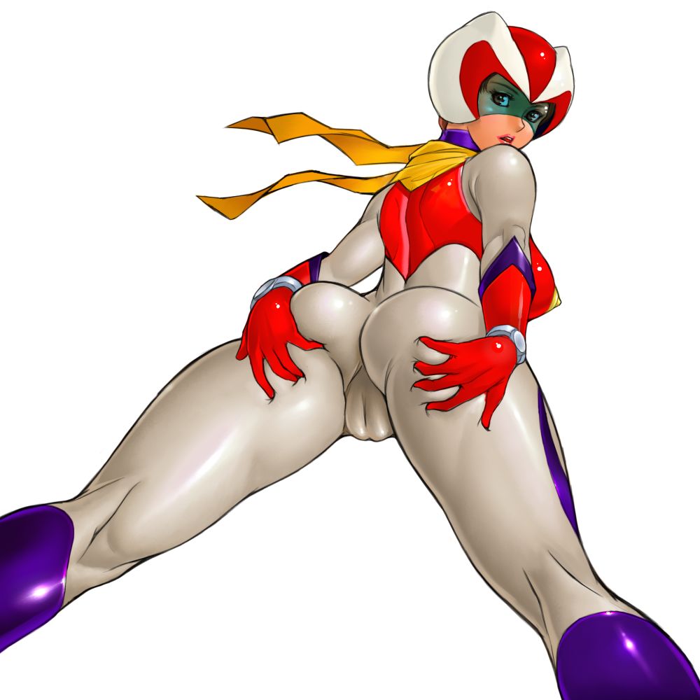 zen and retro, saotome michiru, getter robo, toei company, pilot suit, visor, 1girl, ass, back, breasts, cameltoe, fat mons, female focus, gloves, grabbing own ass, helmet, kneepits, large breasts, latex, lipstick, looking back, makeup, scarf, shiny clothes, simple background, skin tight, solo, spread ass