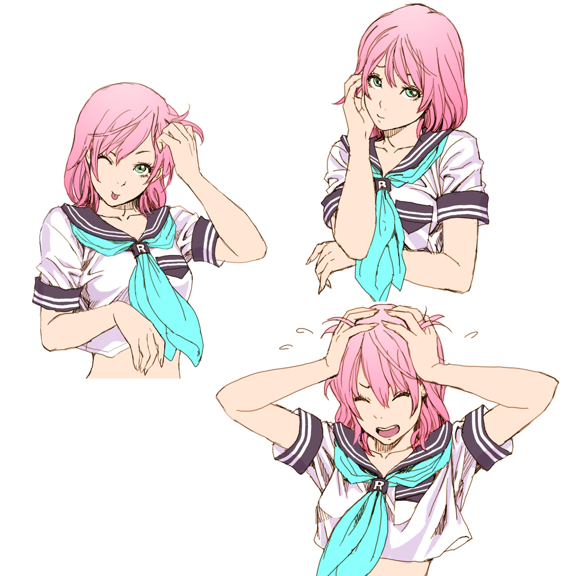 yamashita shun'ya, sera-chan, original, bad id, bad pixiv id, 1girl, :p, ;p, adjusting hair, breast pocket, green eyes, multiple expressions, multiple views, one eye closed, pink hair, pocket, school uniform, serafuku, short hair, simple background, tongue, tongue out, white background, wink