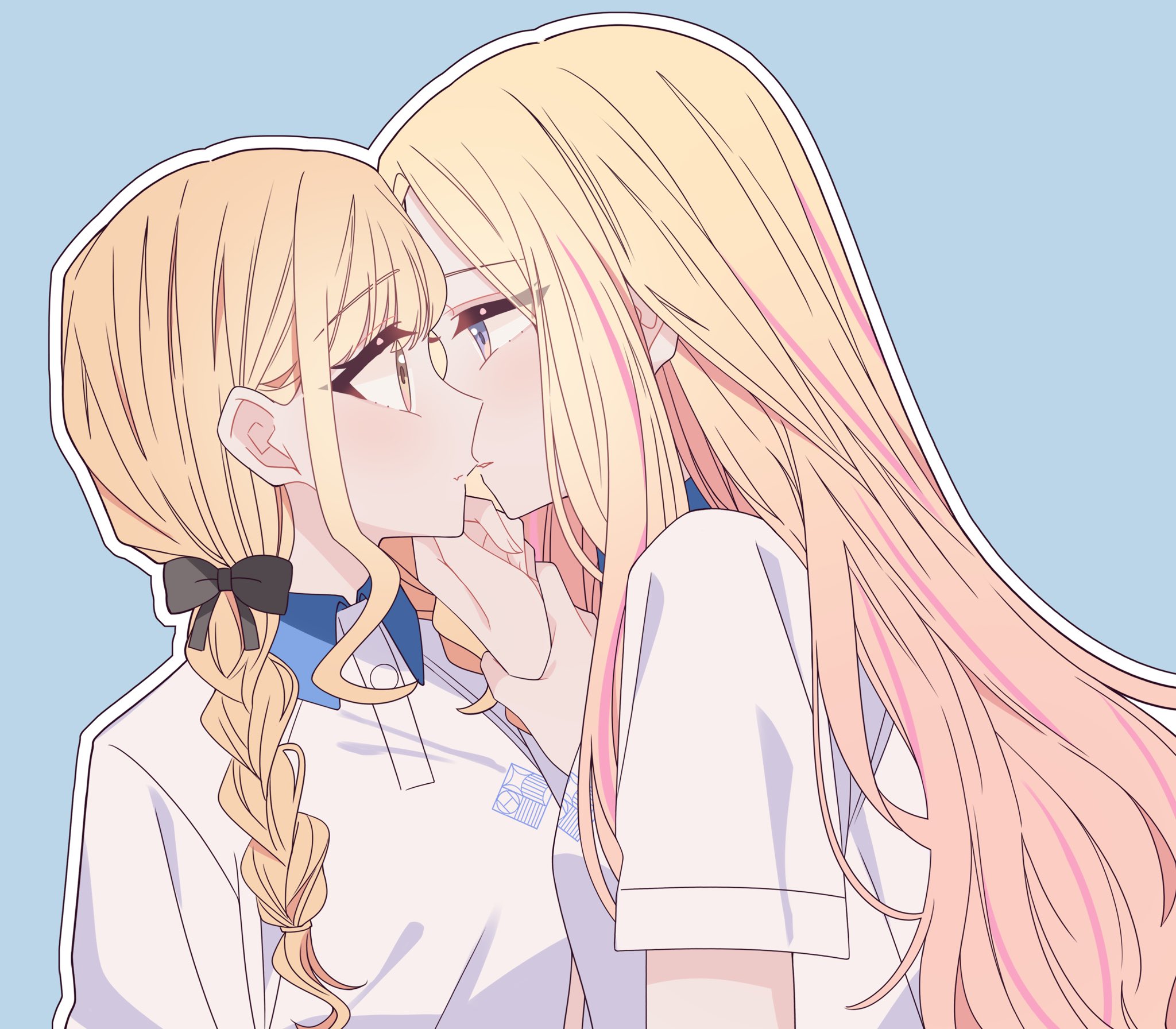 kousaka 0v0, fujita kotone, juo sena, gakuen idolmaster, idolmaster, commentary, highres, 2girls, blonde hair, blue background, braid, closed mouth, hand on another's chin, holding another's wrist, imminent kiss, long hair, multiple girls, orange eyes, outline, parted lips, pink streaks, purple eyes, school uniform, shirt, short sleeves, simple background, twin braids, white outline, white shirt, yuri