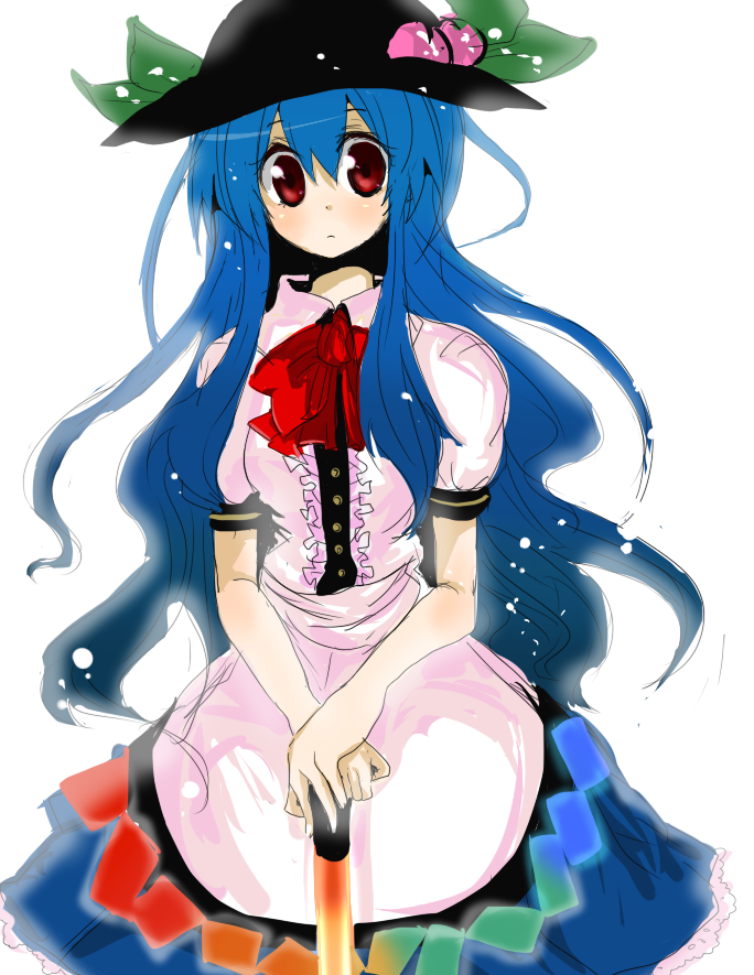okia, hinanawi tenshi, touhou, bad id, bad pixiv id, 1girl, blue hair, female focus, long hair, red eyes, ribbon, simple background, solo, standing, sword, sword of hisou, weapon, white background