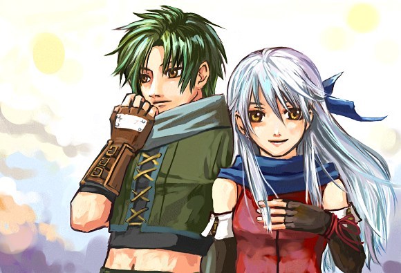 micaiah (fire emblem), sothe (fire emblem), fire emblem, fire emblem: radiant dawn, nintendo, 1boy, 1girl, bare shoulders, black gloves, blue scarf, elbow gloves, gloves, green hair, hair ribbon, half updo, long hair, ribbon, scarf, sleeveless, white hair, yellow eyes