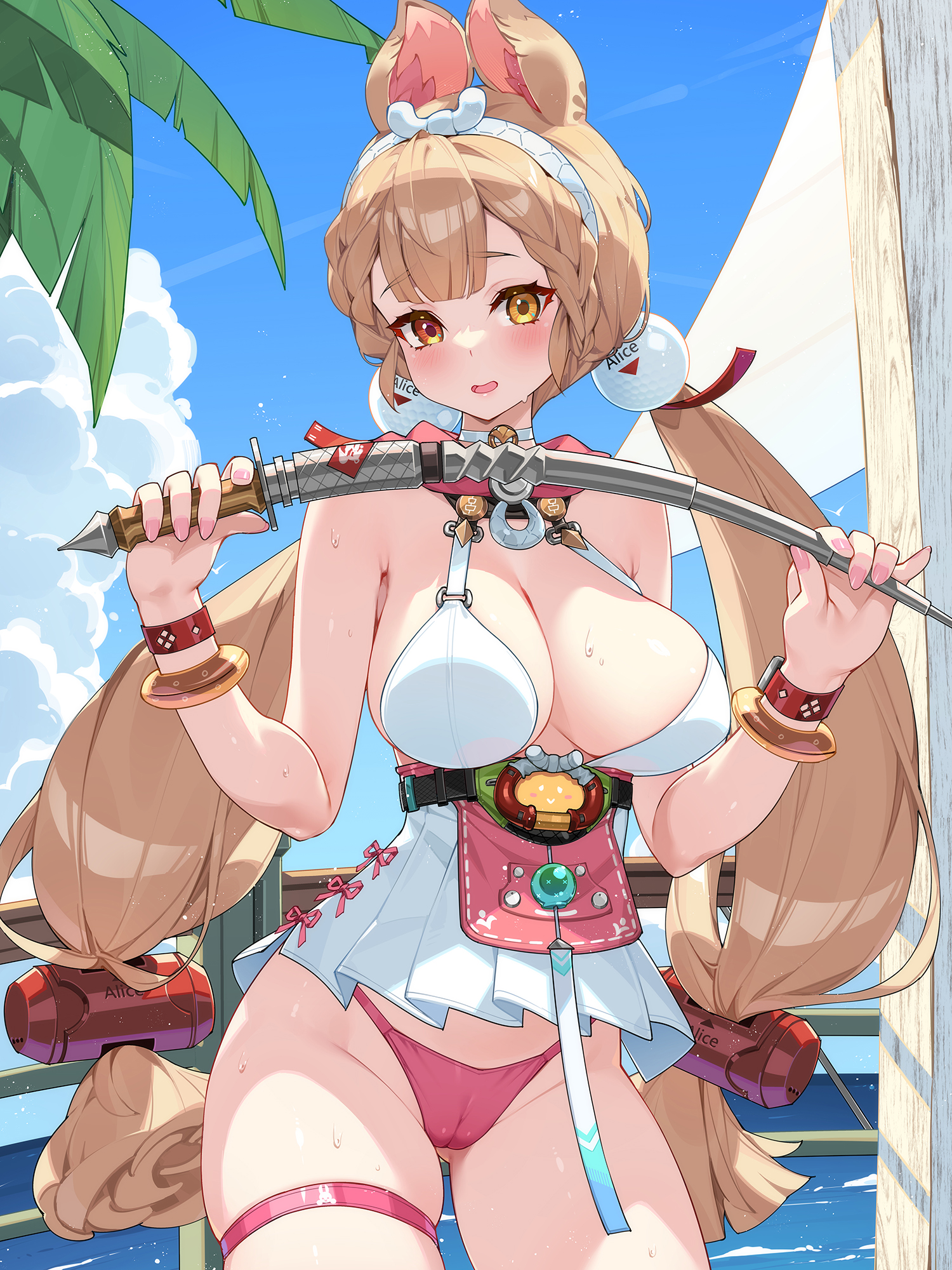 waterring, alice thymefield, alice thymefield (sea of thyme), zenless zone zero, bilingual commentary, highres, mixed-language commentary, variant set, 1girl, animal ears, bikini, blue sky, blush, breasts, brown hair, cameltoe, dress, heterochromia, holding, holding sword, holding weapon, large breasts, long hair, official alternate costume, pink bikini, rabbit ears, rabbit girl, red eyes, sky, solo, swimsuit, sword, thigh strap, thighs, twintails, very long hair, weapon, white dress, yellow eyes