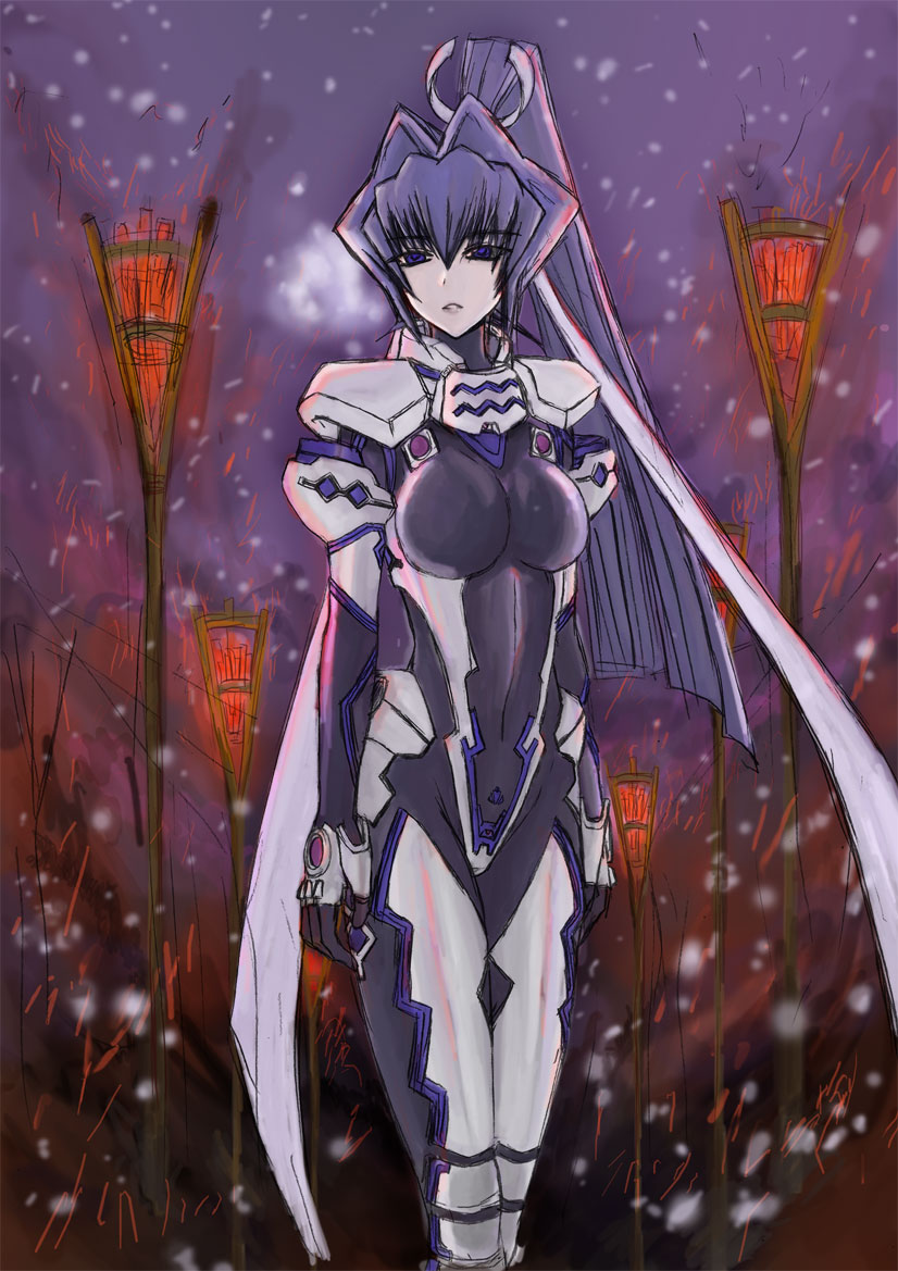 minarai, mitsurugi meiya, muv-luv, pilot suit, 1girl, bodysuit, breasts, female focus, fortified suit, large breasts, long hair, mecha pilot suit, ponytail, purple hair, solo