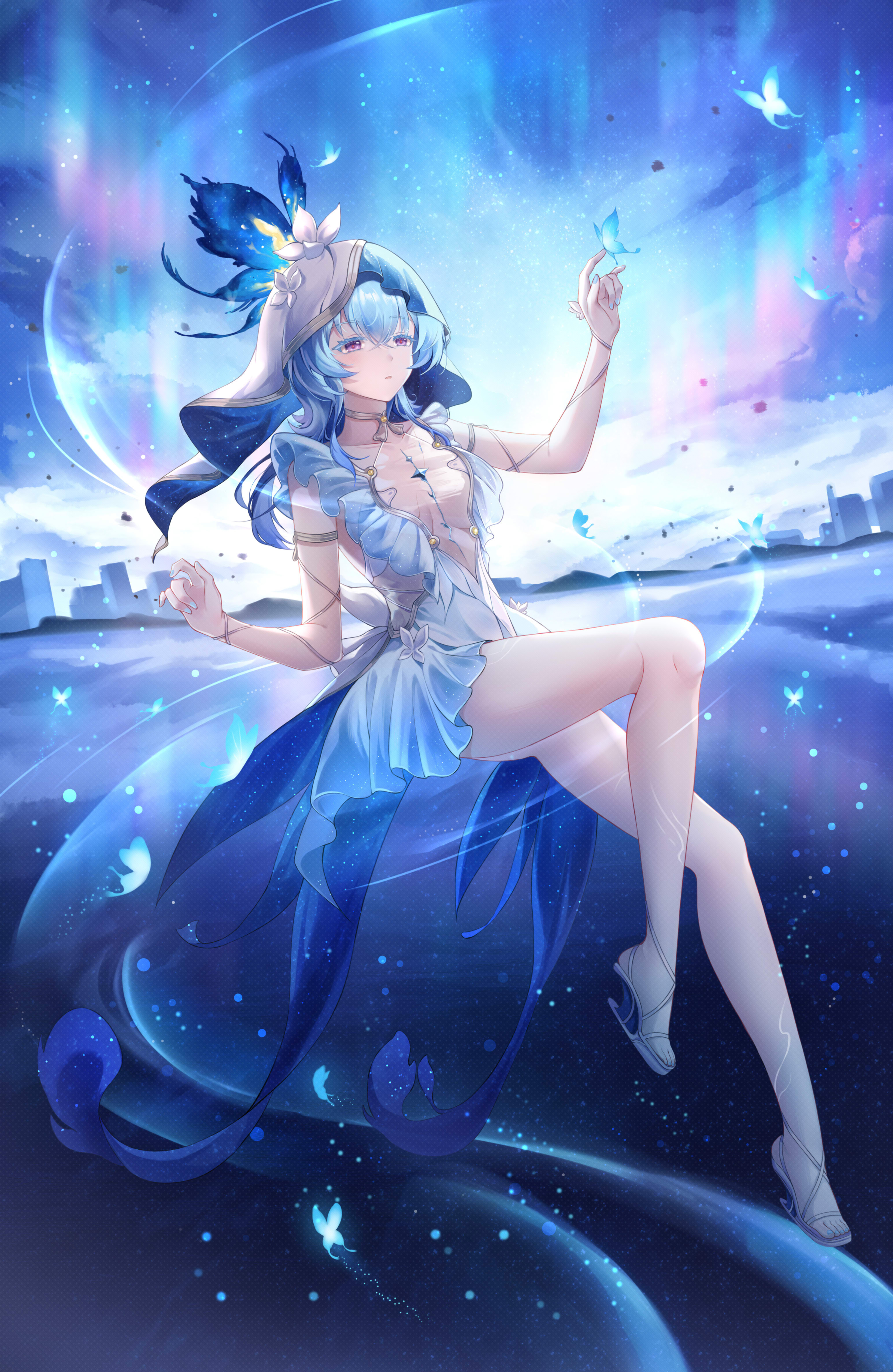 bu ying bu ying, shorekeeper (wuthering waves), wuthering waves, absurdres, commentary, highres, symbol-only commentary, variant set, 1girl, armlet, bare legs, blue butterfly, blue dress, blue hair, blue nails, blue veil, breasts, bug, butterfly, butterfly on hand, closed mouth, colored eyelashes, dress, full body, hand up, heel-less heels, high heel sandals, insect, jewelry, legs, long hair, medium breasts, nail polish, purple eyes, sandals, sleeveless, sleeveless dress, solo, toes, two-tone veil, veil, white veil