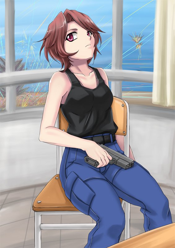 minarai, muv-luv, muv-luv alternative, bad id, bad pixiv id, 1girl, brown hair, chair, denim, female focus, finger on trigger, gun, handgun, jeans, pants, pink eyes, pistol, short hair, sitting, solo, tank top, weapon