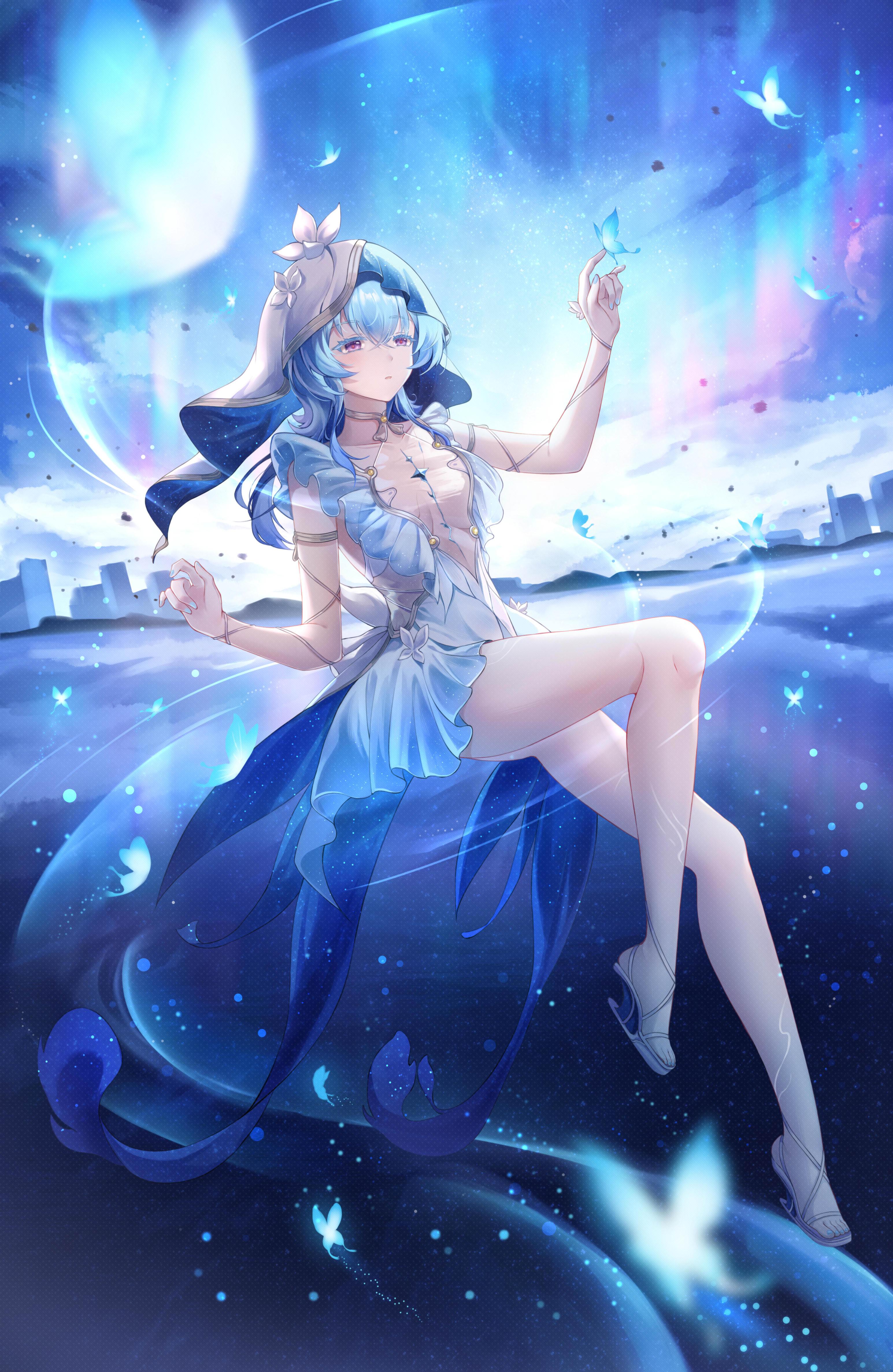 bu ying bu ying, shorekeeper (wuthering waves), wuthering waves, absurdres, commentary, highres, symbol-only commentary, variant set, 1girl, armlet, bare legs, blue butterfly, blue dress, blue hair, blue nails, blue veil, breasts, bug, butterfly, butterfly on hand, closed mouth, colored eyelashes, dress, full body, hand up, heel-less heels, high heel sandals, insect, jewelry, legs, long hair, medium breasts, nail polish, purple eyes, sandals, sleeveless, sleeveless dress, solo, toes, two-tone veil, veil, white veil