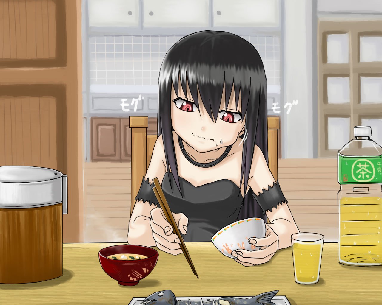 minarai, original, black hair, chopsticks, eating, long hair, red eyes, solo