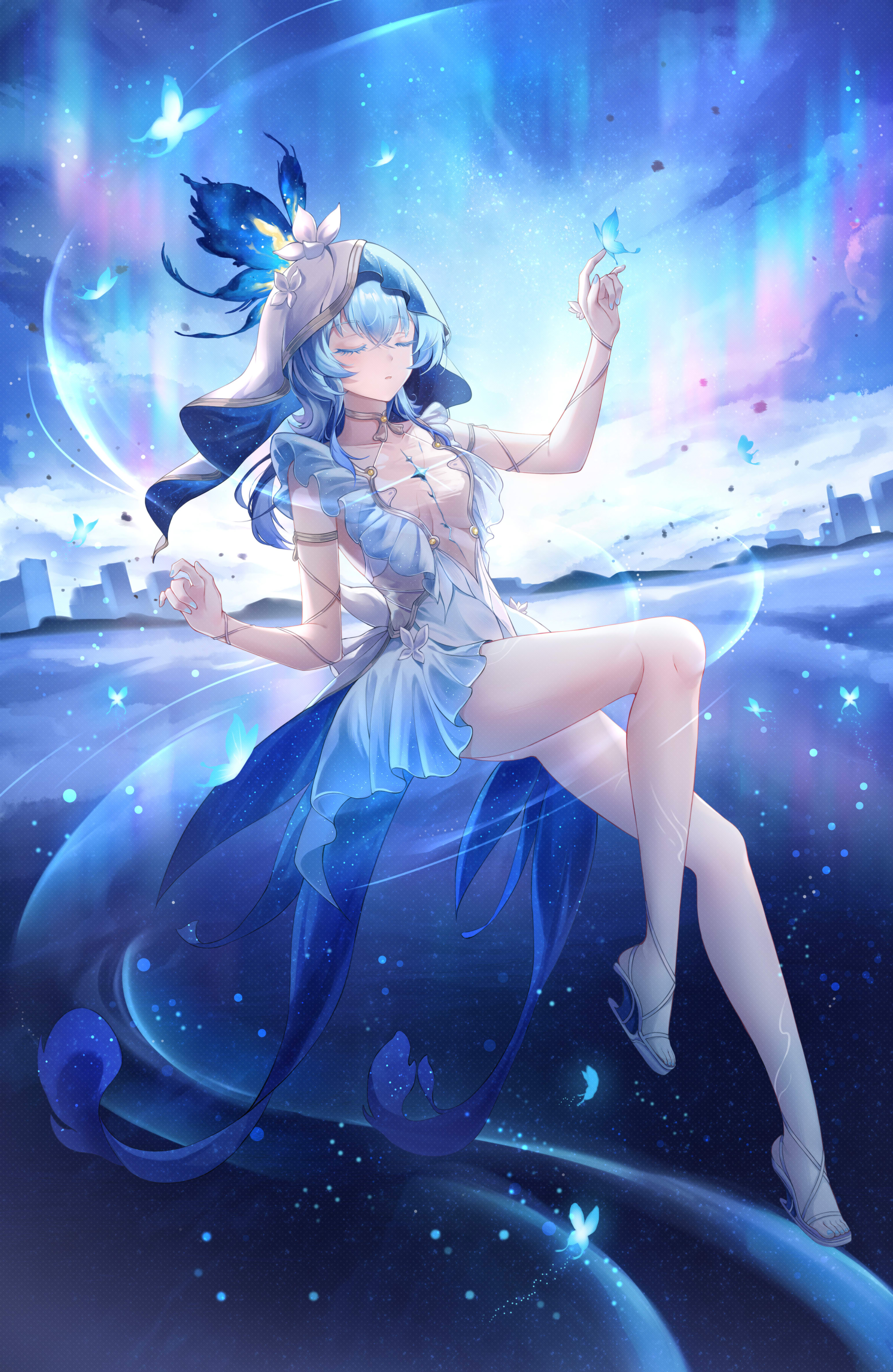 bu ying bu ying, shorekeeper (wuthering waves), wuthering waves, absurdres, commentary, highres, symbol-only commentary, variant set, 1girl, armlet, bare legs, blue butterfly, blue dress, blue hair, blue nails, blue veil, breasts, bug, butterfly, butterfly on hand, closed eyes, closed mouth, colored eyelashes, dress, full body, hand up, heel-less heels, high heel sandals, insect, jewelry, legs, long hair, medium breasts, nail polish, sandals, sleeveless, sleeveless dress, solo, toes, two-tone veil, veil, white veil
