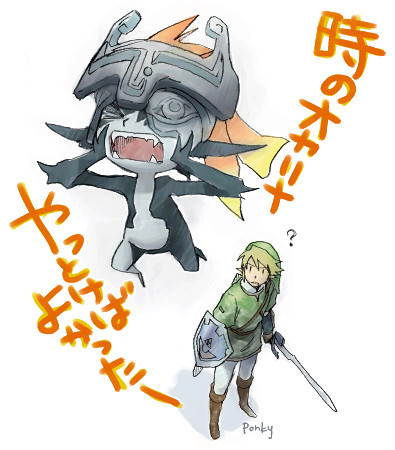 ponky, link, midna, nintendo, the legend of zelda, the legend of zelda: twilight princess, lowres, translation request, > <, 1boy, 1girl, ?, closed eyes, holding, holding sword, holding weapon, hylian shield, master sword, open mouth, pointy ears, screaming, shield, sword, weapon