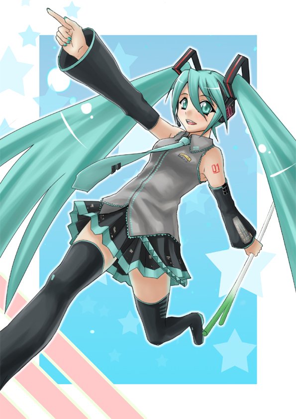 minarai, hatsune miku, vocaloid, bad id, bad pixiv id, 1girl, aqua nails, blue eyes, blue hair, detached sleeves, female focus, long hair, matching hair/eyes, nail polish, necktie, skirt, solo, spring onion, thighhighs, twintails