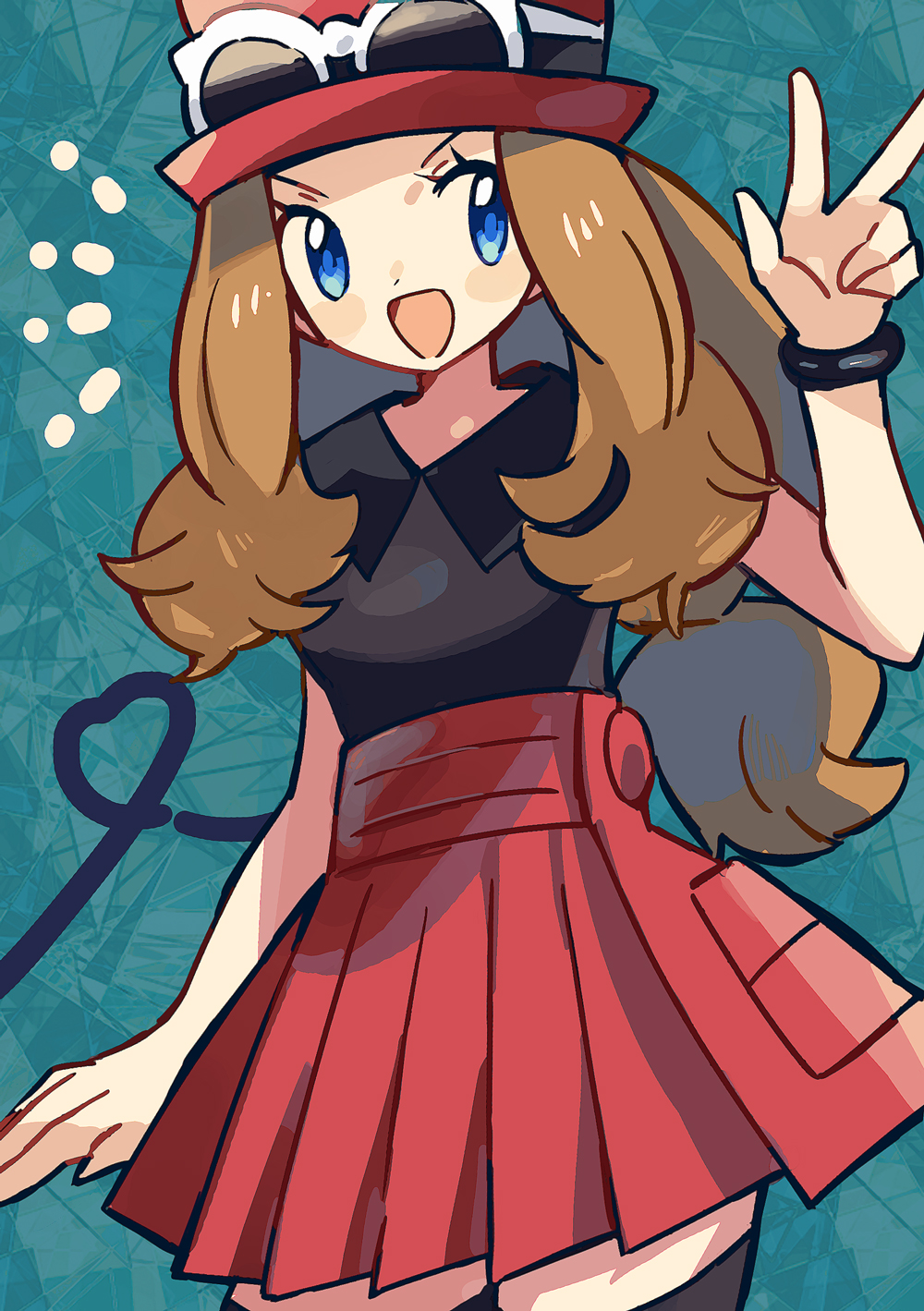 anidler91, serena (pokemon), nintendo, pokemon, pokemon xy, commentary, highres, symbol-only commentary, 1girl, black shirt, blonde hair, blue eyes, cowboy shot, eyewear on headwear, hat, high-waist skirt, long hair, low-tied long hair, open mouth, pleated skirt, red hat, red skirt, shirt, skirt, sleeveless, sleeveless shirt, solo, sunglasses, w