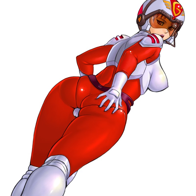 zen and retro, tachibana shou, getter robo, shin getter robo vs neo getter robo, toei company, pilot suit, visor, 1girl, armor, ass, belt, boots, cameltoe, covering ass, covering privates, fat mons, female focus, headset, helmet, latex, lipstick, makeup, pauldrons, purple belt, shiny clothes, shoulder armor, simple background, skin tight, solo, standing, surprised, thighs, white background, white boots