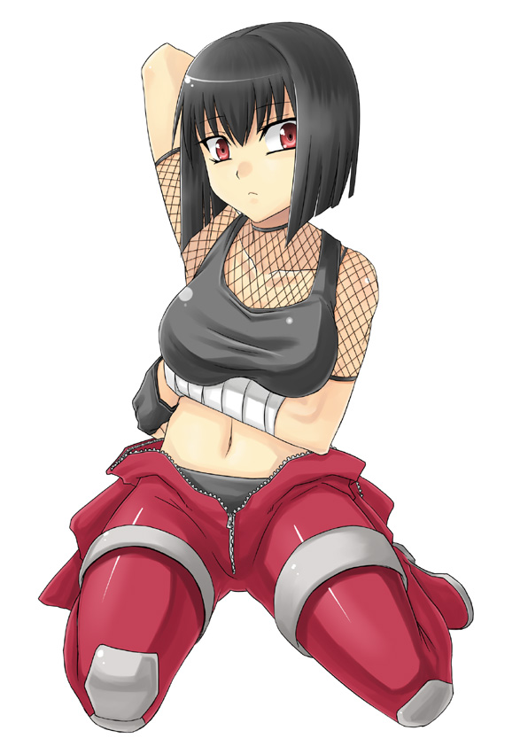 minarai, breast hold, 1girl, armpits, black hair, breast suppress, breasts, female focus, fishnet top, fishnets, large breasts, midriff, navel, red eyes, short hair, simple background, solo, unzipped, zipper