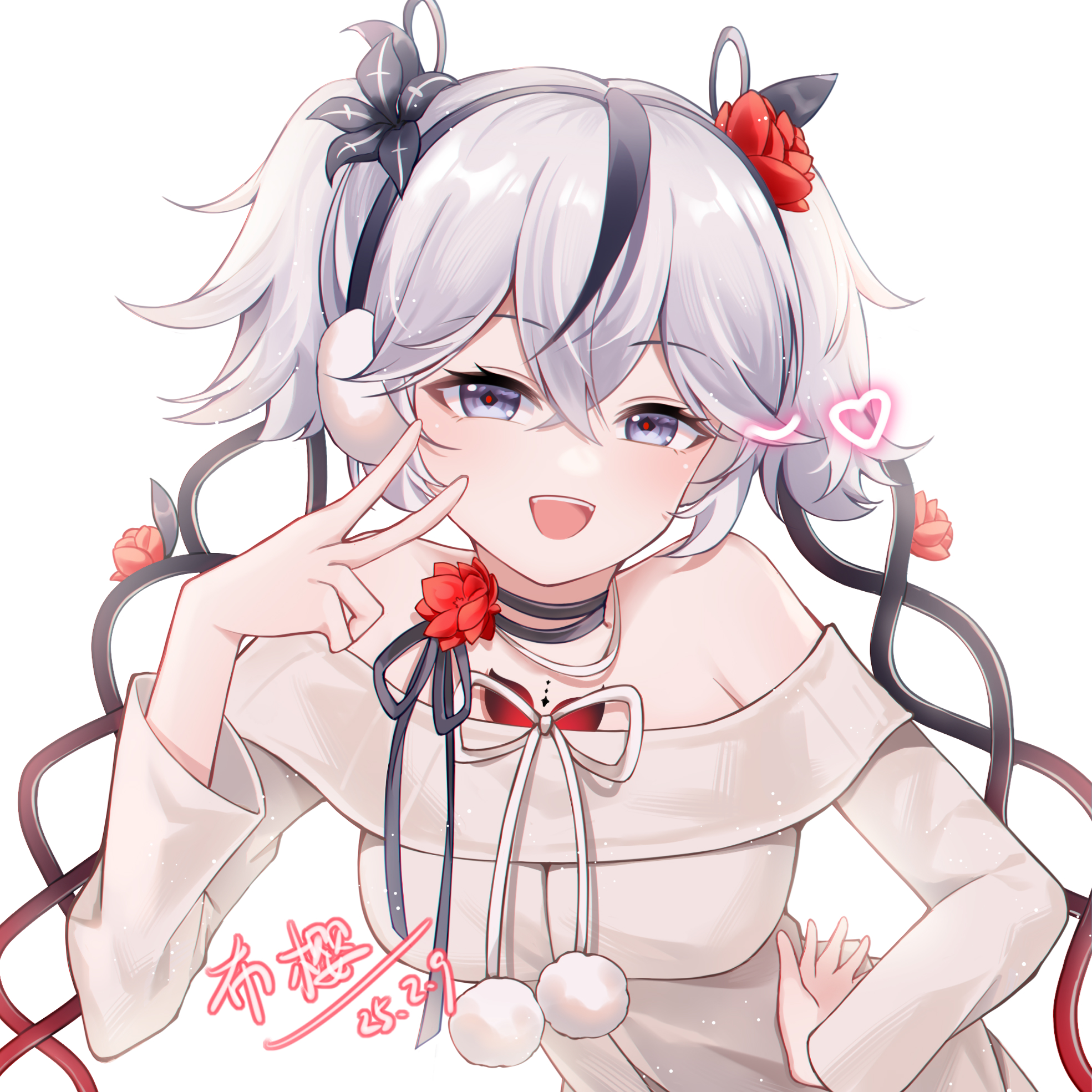 bu ying bu ying, camellya (wuthering waves), wuthering waves, commentary, highres, 1girl, :d, bare shoulders, black eyes, black flower, blake bloom (wuthering waves), breasts, dated, earmuffs, flower, grey shirt, hair between eyes, hair flower, hair ornament, hair vines, hand on own hip, hand up, heart, leaning forward, looking at viewer, medium breasts, off-shoulder shirt, off shoulder, official alternate costume, open mouth, red flower, red pupils, shirt, short hair, short twintails, simple background, smile, solo, tacet mark (wuthering waves), twintails, upper body, v, white background