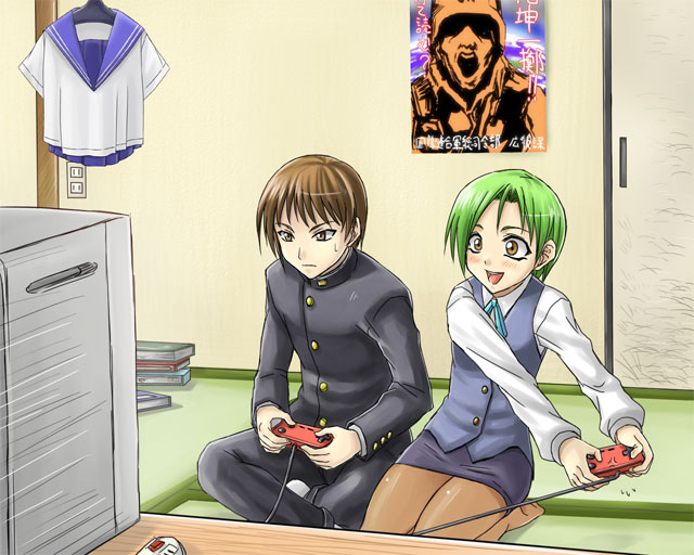 minarai, 1boy, 1girl, blush, controller, gakuran, game controller, green hair, kneeling, office lady, pantyhose, playing, playing games, poster (medium), poster (object), school uniform, serafuku, short hair, video game