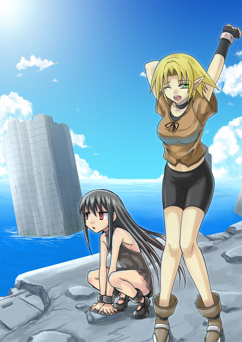 minarai, original, 2girls, ankle boots, arm support, bike shorts, black hair, blonde hair, boots, cloud, day, gloves, long hair, multiple girls, ocean, one eye closed, outdoors, pointy ears, ruins, short hair, sky, sleepy, squatting, stretching, tears, wink