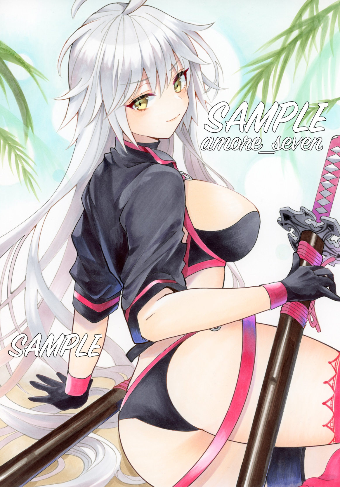 amore seven, jeanne d'arc alter (fate), jeanne d'arc alter (swimsuit berserker) (fate), fate/grand order, fate (series), commentary request, highres, 1girl, ahoge, ass, bikini, black bikini, black gloves, black jacket, breasts, cropped jacket, gloves, grey hair, jacket, katana, large breasts, long hair, looking back, sample watermark, solo, swimsuit, sword, thighs, very long hair, watermark, weapon