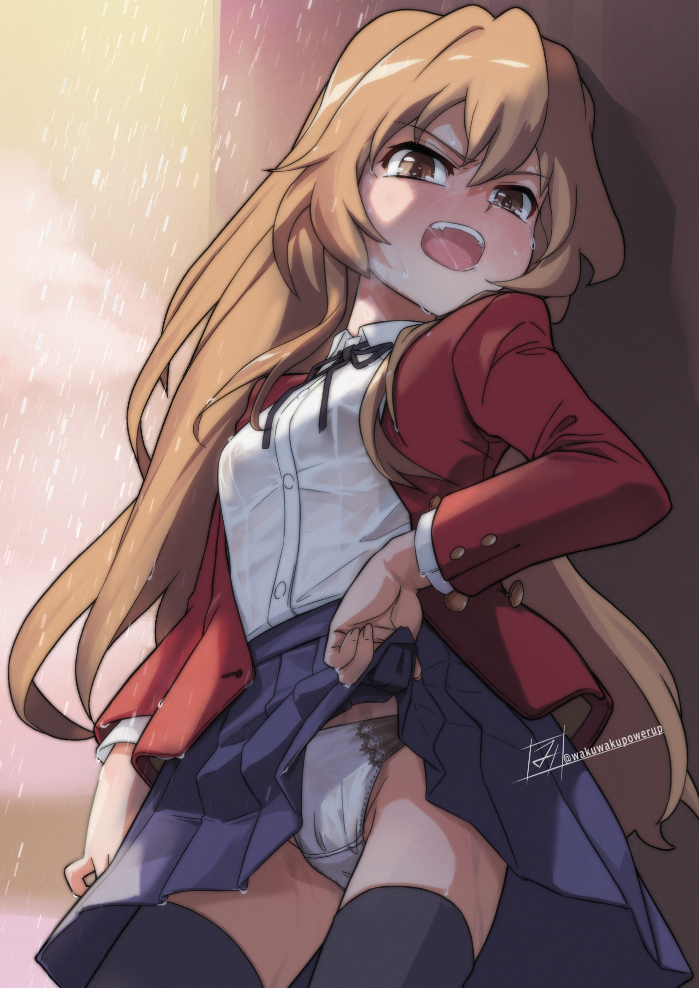 wakuwakupowerup, aisaka taiga, toradora!, highres, 1girl, black ribbon, blazer, blush, brown eyes, brown hair, clothes lift, collared shirt, embarrassed, hair between eyes, jacket, lifting own clothes, long hair, long sleeves, looking at viewer, neck ribbon, oohashi high school uniform, open mouth, panties, pleated skirt, rain, red jacket, ribbon, school uniform, shirt, skirt, skirt lift, solo, thighhighs, underwear, wet, wet clothes, wet shirt, white panties, white shirt