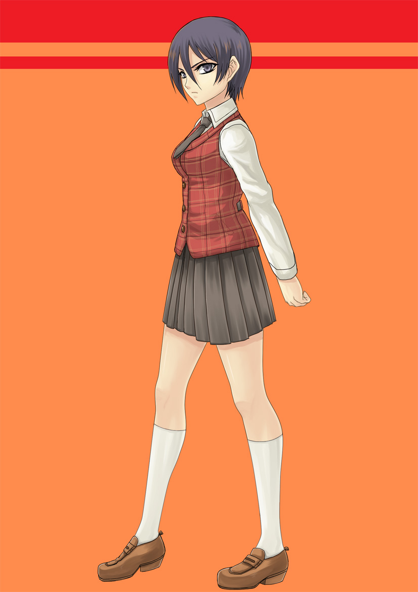 minarai, bad id, bad pixiv id, black eyes, black hair, necktie, short hair, skirt, socks, solo, tomboy