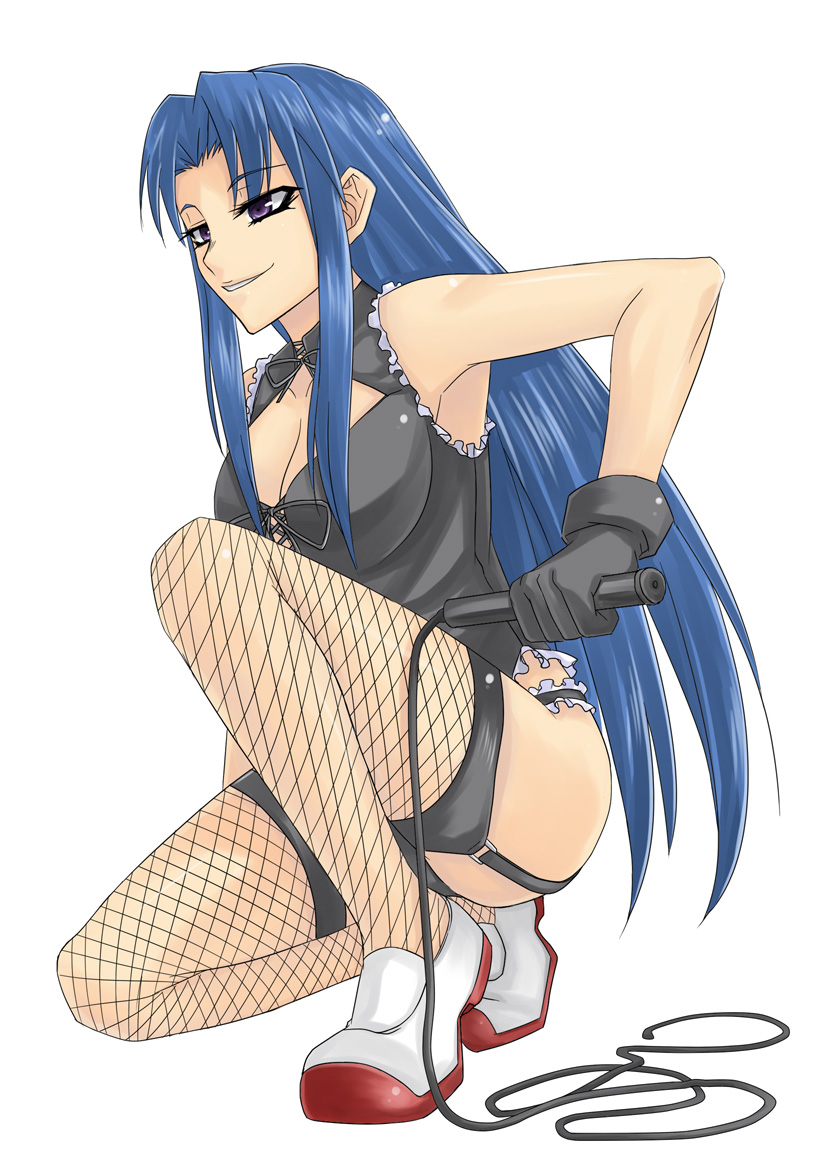 minarai, kawashima ami, toradora!, bad id, bad pixiv id, 00s, 1girl, blue hair, breasts, cleavage, cleavage cutout, clothing cutout, female focus, fishnet thighhighs, fishnets, garter belt, gloves, kneeling, large breasts, long hair, purple hair, solo, thighhighs, whip