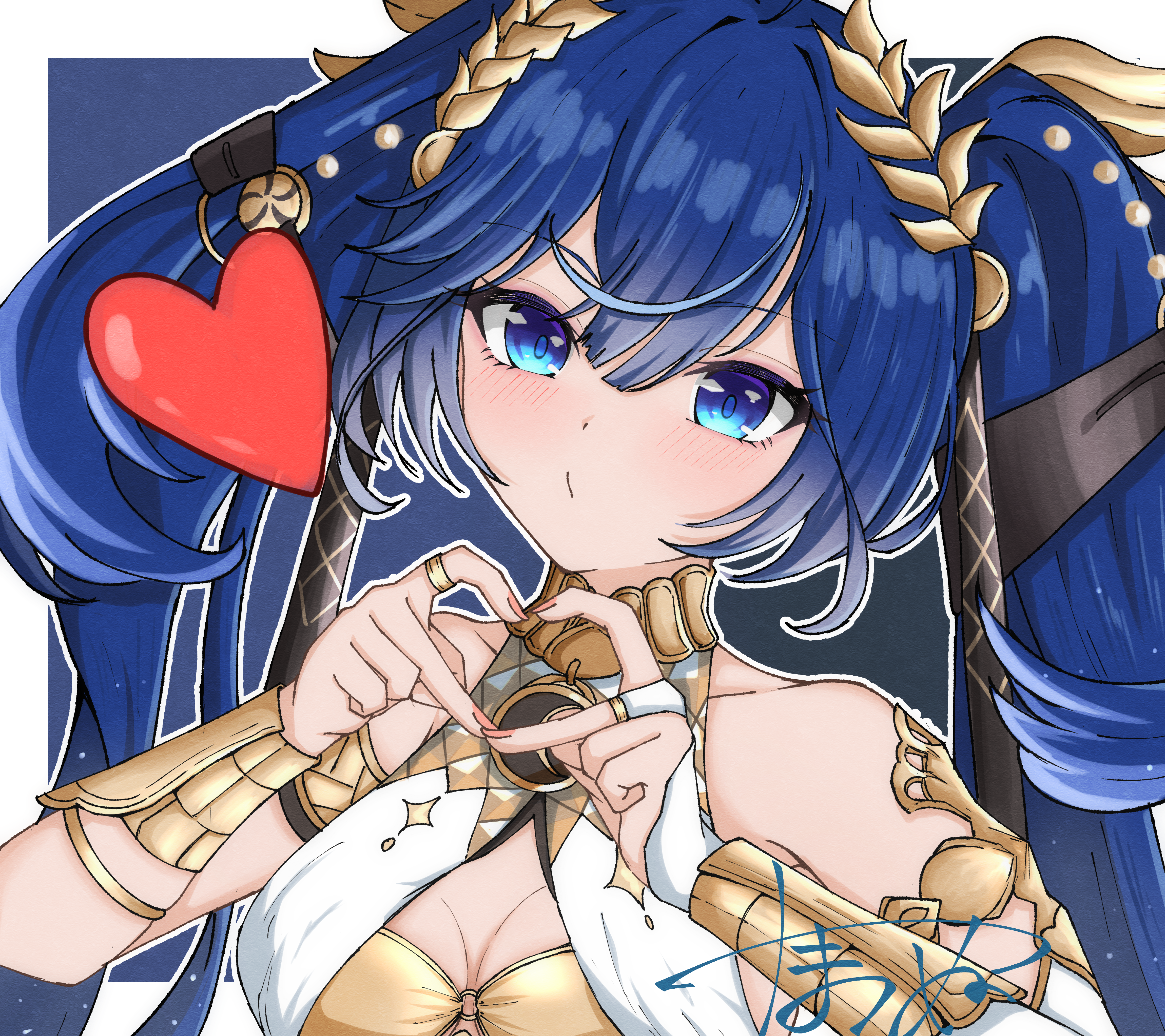 tama es45 nyan, iuno (wuthering waves), wuthering waves, absurdres, commentary request, highres, partial commentary, 1girl, armlet, bare shoulders, blue background, blue eyes, blue hair, border, breasts, bridal gauntlets, cleavage, closed mouth, fingernails, four-finger heart hands, gold bra, heart, heart hands, jewelry, laurel crown, light blush, looking at viewer, medium breasts, single bridal gauntlet, solo, twintails, upper body, white border, white bridal gauntlets