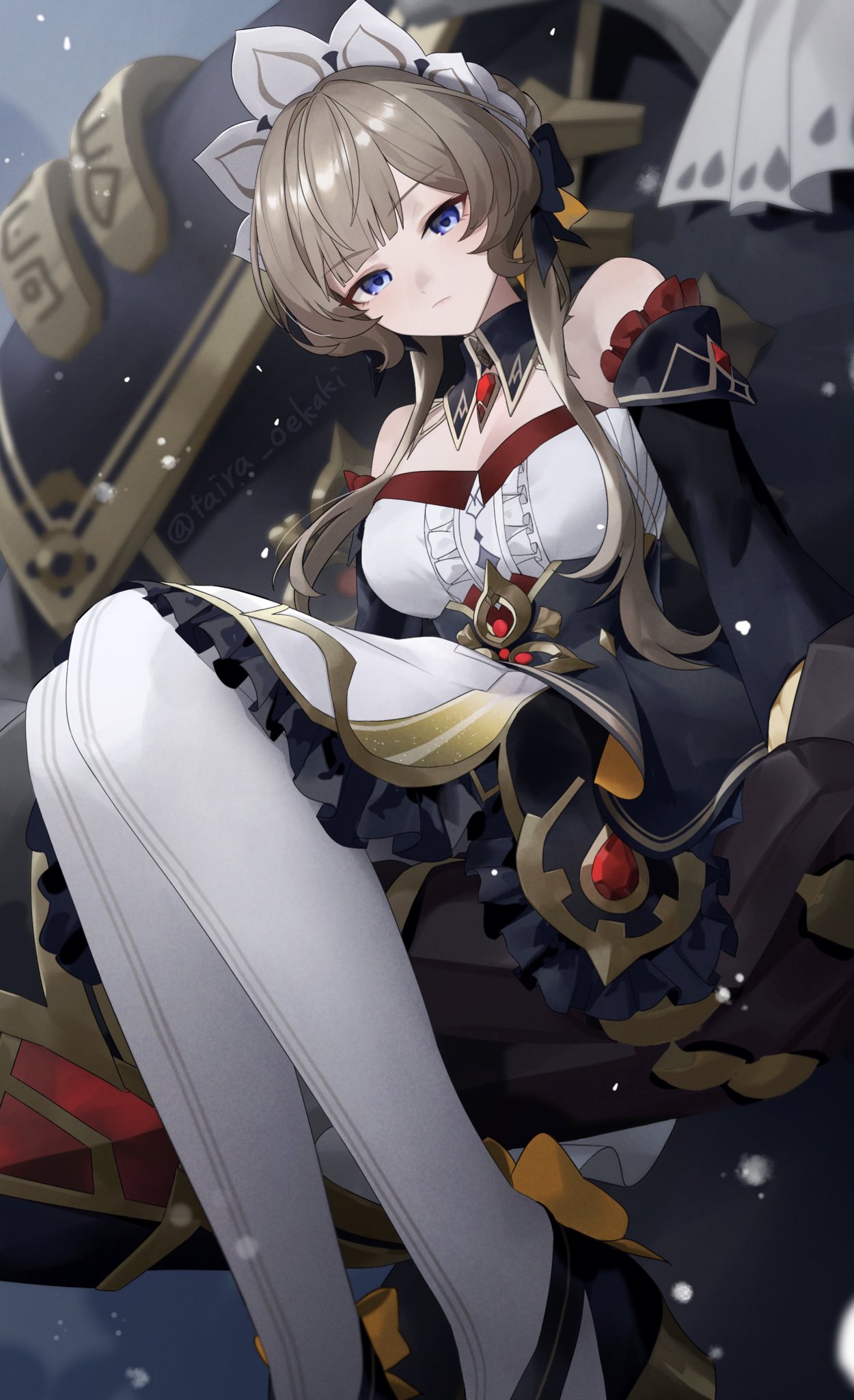 taira (taira oekaki), sandrone (genshin impact), genshin impact, highres, 1girl, bare shoulders, black shoes, breasts, brown hair, center frills, cleavage, closed mouth, detached sleeves, dress, expressionless, frills, long sleeves, looking at viewer, looking down, pantyhose, shoes, sitting, solo, white dress, white pantyhose