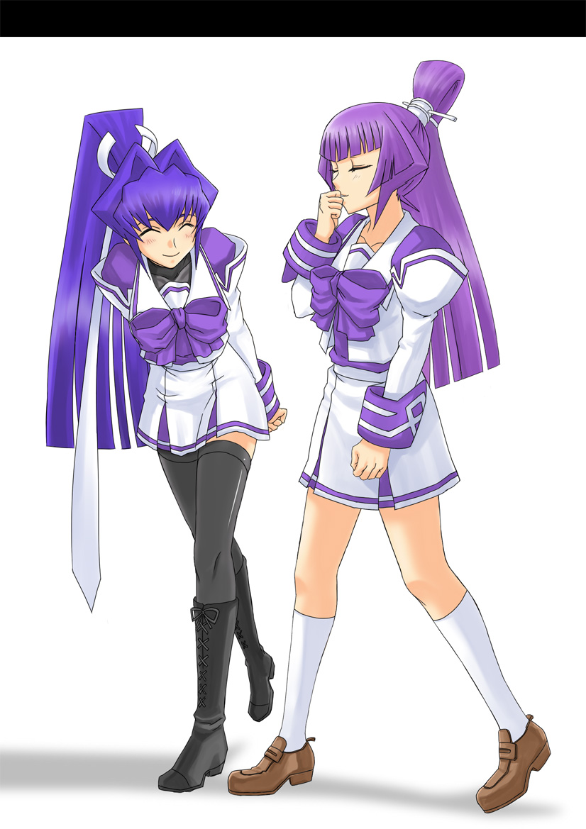 minarai, koubuin yuuhi, mitsurugi meiya, muv-luv, 2girls, blush, boots, long hair, multiple girls, ponytail, purple hair, school uniform, serafuku, siblings, sisters, smile, thighhighs, twins, white background