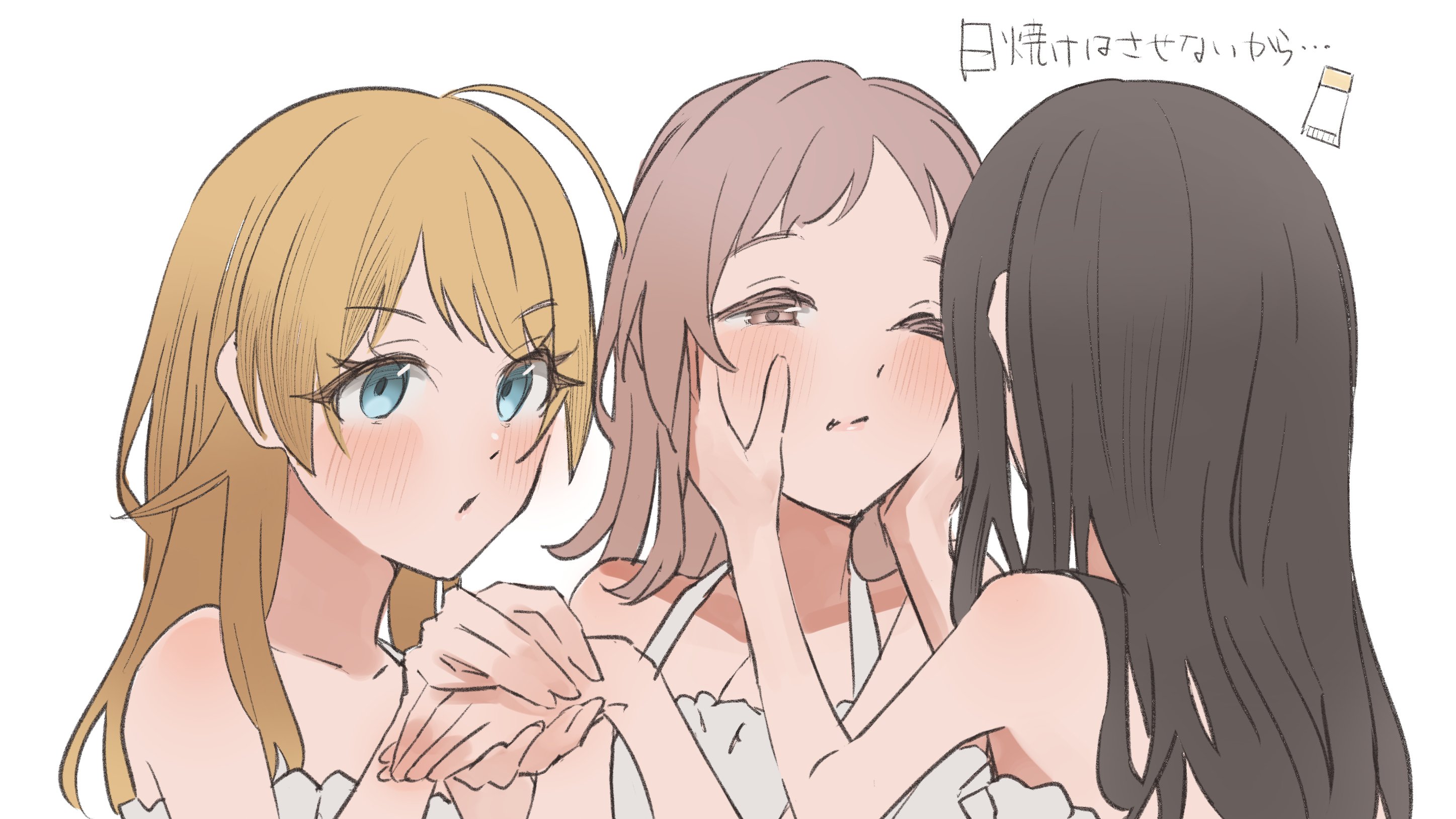umirororo, hachimiya meguru, kazano hiori, sakuragi mano, idolmaster, idolmaster shiny colors, highres, translation request, 3girls, black hair, blonde hair, blue eyes, brown eyes, brown hair, dress, girl sandwich, hands on another's face, holding hands, long hair, multiple girls, one eye closed, sandwiched, simple background, upper body, white background, white dress, yuri