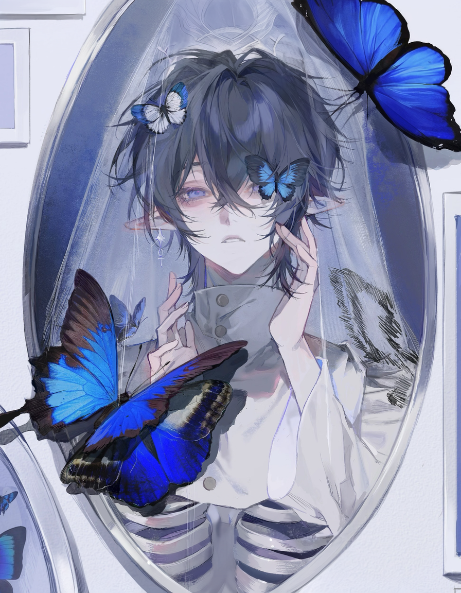 zhishiwan, original, 1boy, arm up, backlighting, bags under eyes, blue eyes, butterfly wings, collared shirt, exhausted, expressionless, eye reflection, hair over one eye, high collar, insect wings, limited color, lonely, long sleeves, looking at viewer, male focus, medium hair, messy hair, monochrome, parted lips, portrait, reference sheet, reflection, ribs, shirt, sketch (medium), skinny, soft blending, upper body, veil, vignetting, wavy hair, white sleeves, wings
