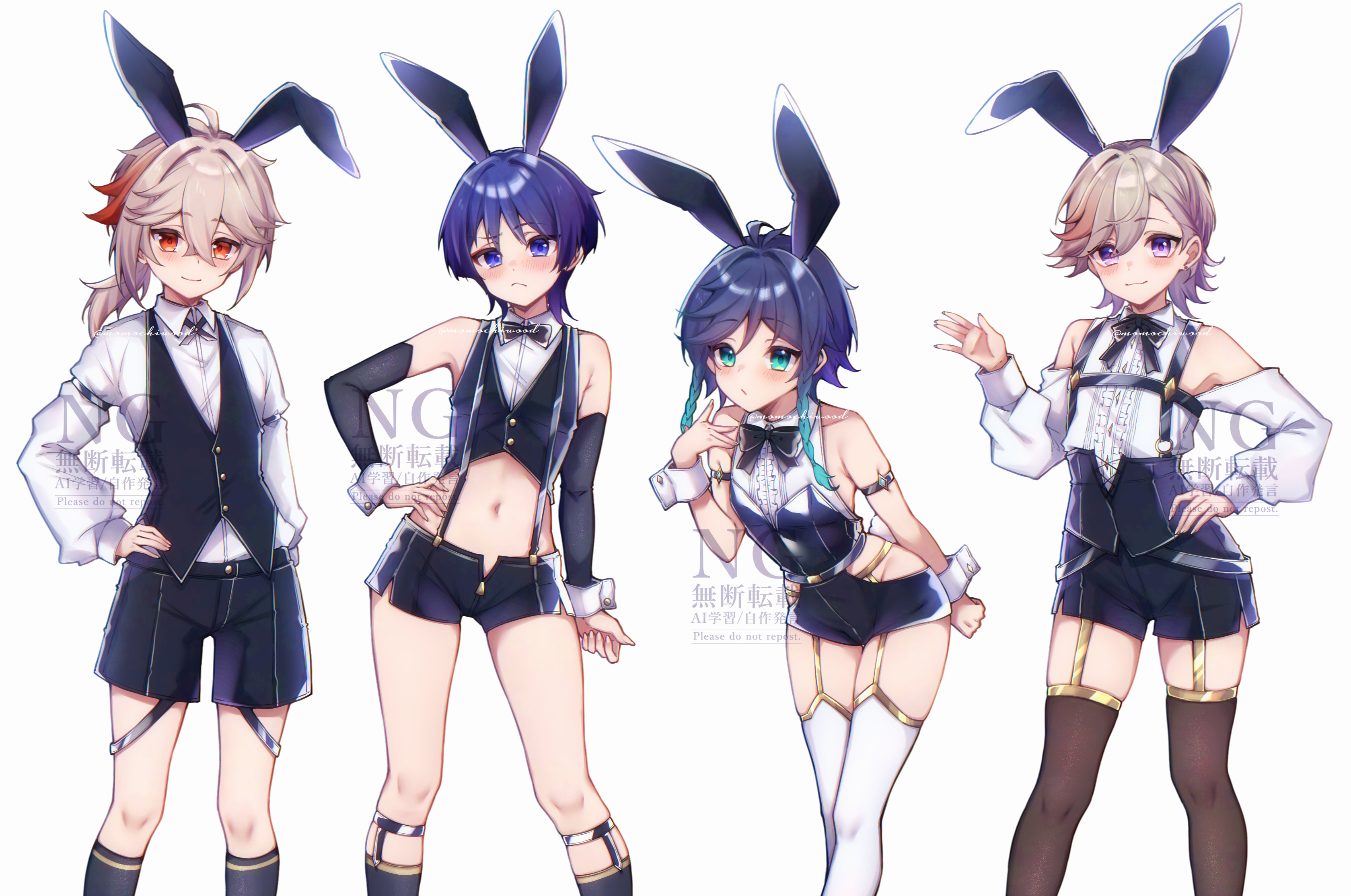 momochiwood, kaedehara kazuha, lyney (genshin impact), scaramouche (genshin impact), venti (genshin impact), wanderer (genshin impact), genshin impact, absurdres, highres, 4boys, animal ears, aqua eyes, aqua hair, black bow, black bowtie, black shorts, black sleeves, black socks, black suspenders, black thighhighs, black vest, blue eyes, blue hair, blush, bow, bowtie, braid, clothing cutout, collared shirt, cowboy shot, crop top, cropped vest, crossdressing, crossdressing (mtf), detached sleeves, fake animal ears, frilled shirt, frills, gold garter straps, gradient eyes, green eyes, grey hair, hand on own hip, hip vent, knee strap, leaning forward, long sleeves, male focus, male playboy bunny, medium hair, midriff, multicolored eyes, multiple boys, navel, ponytail, purple eyes, purple hair, rabbit ears, red eyes, red hair, shirt, short hair, short shorts, shorts, side slit, single hair streak, skindentation, sleeveless, socks, standing, thighhighs, trap, twin braids, vest, watermark, waving, white sleeves, white thighhighs, wrist cuffs, zettai ryouiki