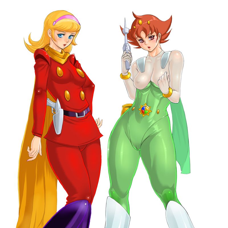 zen and retro, cyborg 003, francoise arnoul, tani mari, cyborg 009, hyouga senshi gaislugger, jpeg artifacts, 1960s (style), 1970s (style), 2girls, :o, abs, ahoge, armor, belt, blonde hair, blue eyes, blush, bodysuit, boots, bracelet, breasts, brown hair, buttons, cameltoe, cape, covered erect nipples, crossover, curvy, cyborg, gun, hair ornament, hairband, hand on own hip, hip focus, holding, holster, jewelry, knee boots, lipstick, long hair, looking at viewer, makeup, medium breasts, multiple girls, nail polish, oldschool, open mouth, pink eyes, pink nails, retro artstyle, scarf, short hair, simple background, skin tight, spiked hair, standing, thick thighs, thighs, weapon, white background, wide hips