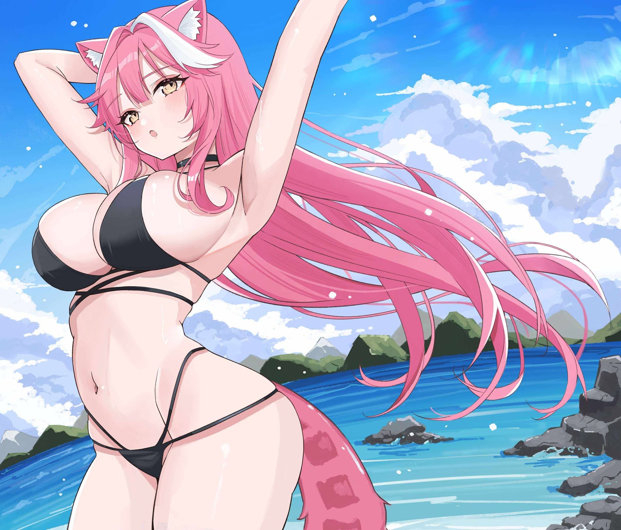 dreamoon, raora panthera, hololive, hololive english, commentary, english commentary, highres, 1girl, animal ear fluff, animal ears, arm behind head, armpits, arms up, bikini, black bikini, black choker, blue sky, breasts, center-flap bangs, choker, cleavage, cloud, day, double-parted bangs, extra ears, floating hair, groin, large breasts, long hair, looking at viewer, multi-strapped bikini bottom, multi-strapped bikini top, multicolored hair, navel, open mouth, outdoors, outstretched arm, panther ears, panther girl, panther tail, pink hair, sidelocks, sky, solo, stomach, streaked hair, swimsuit, tail, very long hair, virtual youtuber, white streaks, yellow eyes