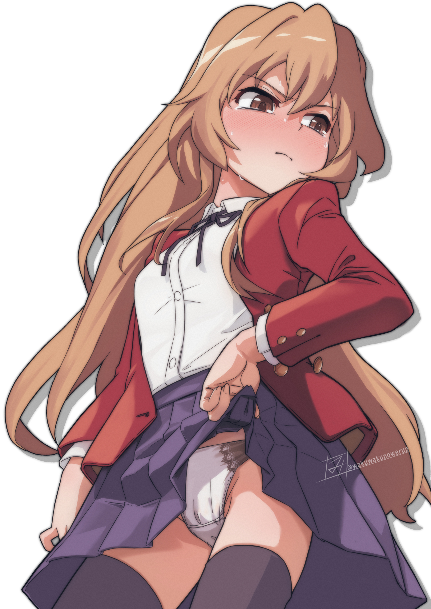 wakuwakupowerup, aisaka taiga, toradora!, highres, 1girl, black ribbon, blazer, blush, brown eyes, brown hair, closed mouth, clothes lift, collared shirt, embarrassed, hair between eyes, jacket, lifting own clothes, long hair, long sleeves, neck ribbon, oohashi high school uniform, panties, pleated skirt, red jacket, ribbon, school uniform, shirt, simple background, skirt, skirt lift, solo, thighhighs, underwear, white background, white panties, white shirt