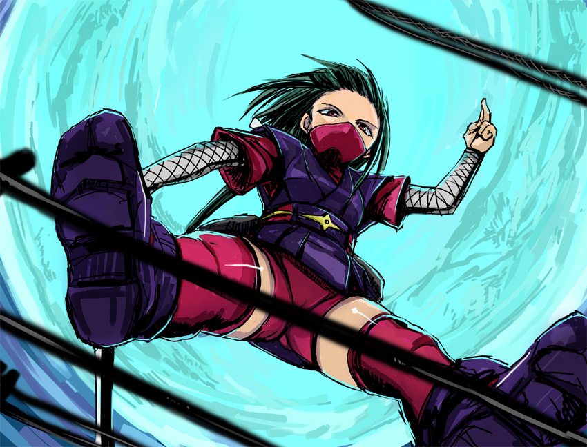 minarai, okuzaki akira, my-hime, gender request, 00s, androgynous, green hair, half mask, long hair, mask, moon, ninja, pink thighhighs, reverse trap, solo, thighhighs