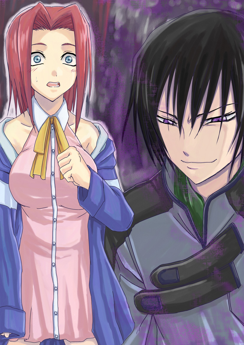 minarai, kouzuki kallen, lelouch vi britannia, code geass, 00s, black hair, blue eyes, blush, purple eyes, red hair, short hair, you gonna get raped