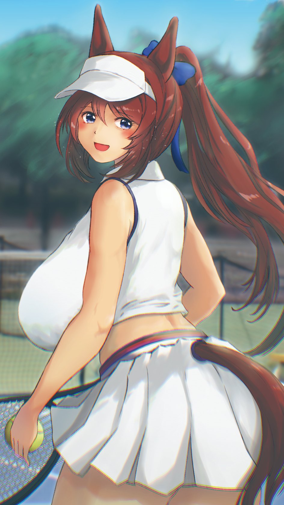 ohko no naisho, super creek (umamusume), umamusume, 1girl, animal ears, ball, blue bow, blue eyes, blush, bow, breasts, brown hair, clothing cutout, crop top, from behind, hair bow, hat, holding, holding tennis ball, holding tennis racket, horse ears, horse girl, horse tail, huge breasts, long hair, looking back, open mouth, outdoors, ponytail, racket, shirt, skirt, sleeveless, sleeveless shirt, smile, solo, sportswear, standing, tail, tail through clothes, tennis ball, tennis court, tennis racket, tennis skirt, tennis uniform, visor cap, white hat, white shirt, white skirt, white visor
