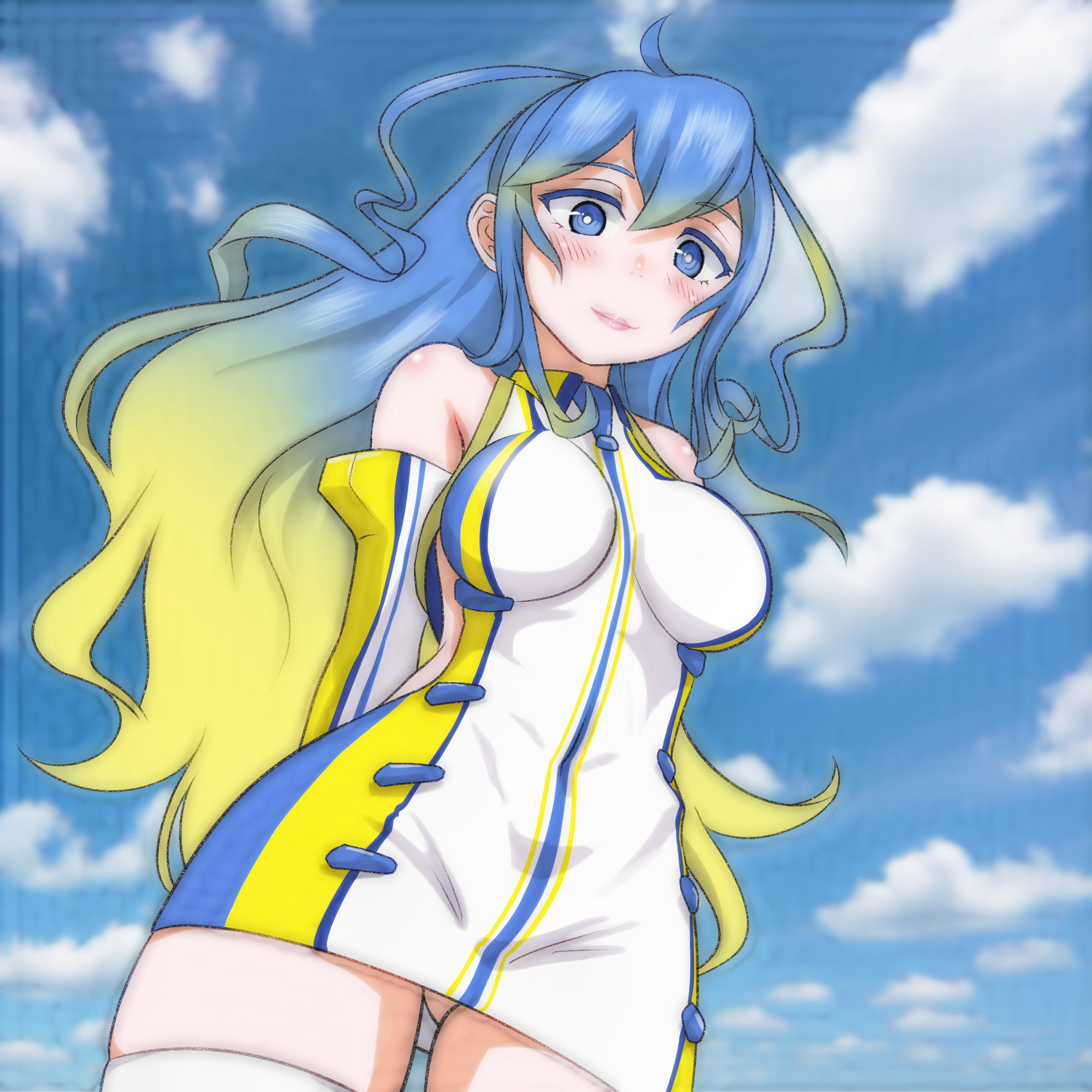 t jiroo (ringofriend), suria yuga, metal bringer, 1girl, blonde hair, blue eyes, blue hair, blush, breasts, cloud, detached sleeves, dress, from below, gradient background, hairband, long hair, long sleeves, looking at viewer, medium breasts, multicolored hair, sky, sleeveless, sleeveless dress, smile, standing, thighhighs, two-tone hair, white dress, white thighhighs