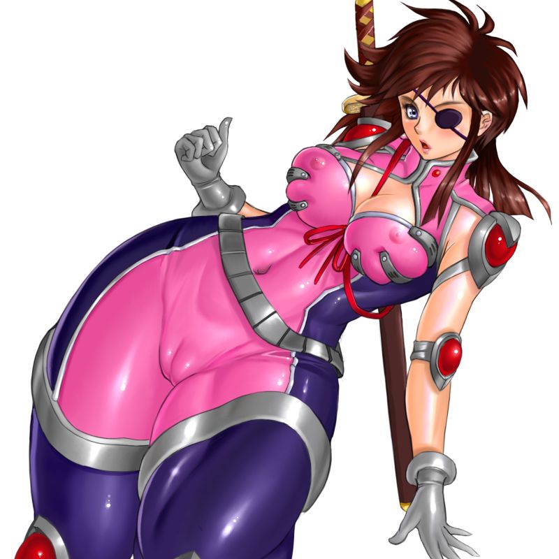 zen and retro, yagyu mitsuko, yagyuu mitsuko, koutetsushin jeeg, 1girl, belt, breasts, brown hair, cameltoe, covered erect nipples, curvy, eyepatch, fat mons, female focus, gloves, katana, large breasts, latex, leaning back, shiny clothes, simple background, skin tight, solo, sword, weapon