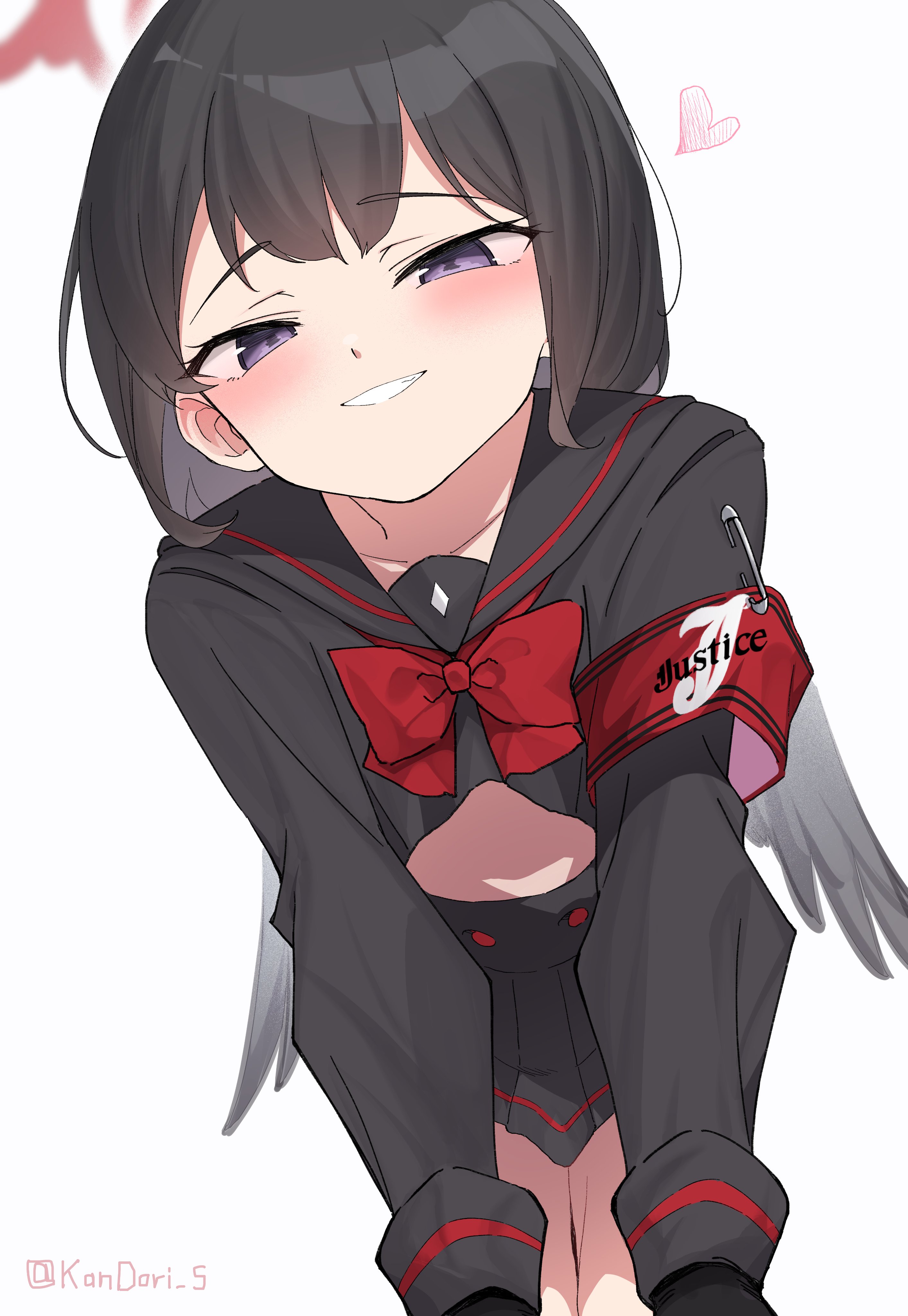 kandori, mashiro (blue archive), blue archive, 1girl, armband, black hair, black shirt, black skirt, black wings, blush, bow, bowtie, breasts, doyagao, feathered wings, halo, heart, leaning forward, low wings, midriff, purple eyes, safety pin, school uniform, shirt, short hair, skirt, small breasts, smile, smug, solo, standing, twitter username, white background, wings
